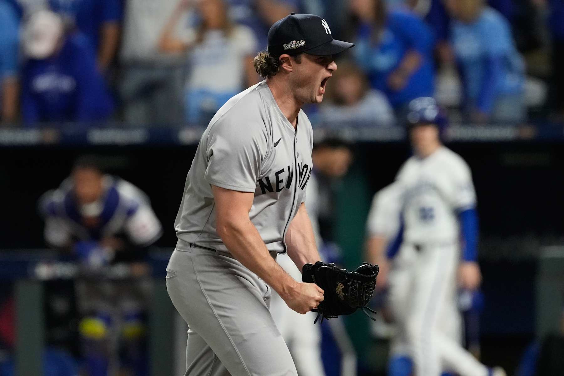 KANSAS CITY, MISSOURI - OCTOBER 10: Gerrit Cole #45 of the New York Yankees reacts during the seventh inning against the Kansas City Royals during Game Four of the Division Series at Kauffman Stadium on October 10, 2024 in Kansas City, Missouri. (Photo by Ed Zurga/Getty Images)