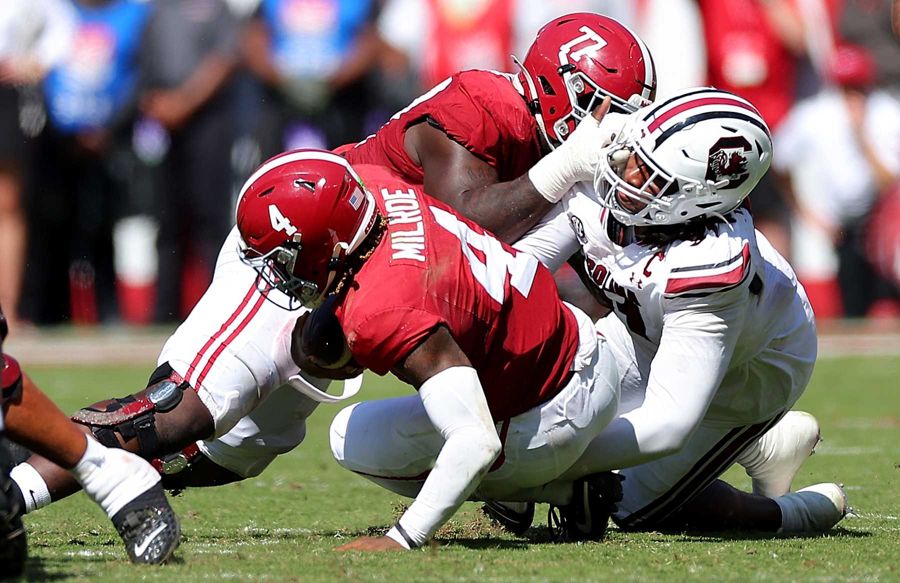 TUSCALOOSA, ALABAMA - OCTOBER 12:  Tonka Hemingway #91 of the South Carolina Gamecocks sacks al4oduring the second quarter at Bryant-Denny Stadium on October 12, 2024 in Tuscaloosa, Alabama. (Photo by Kevin C. Cox/Getty Images)