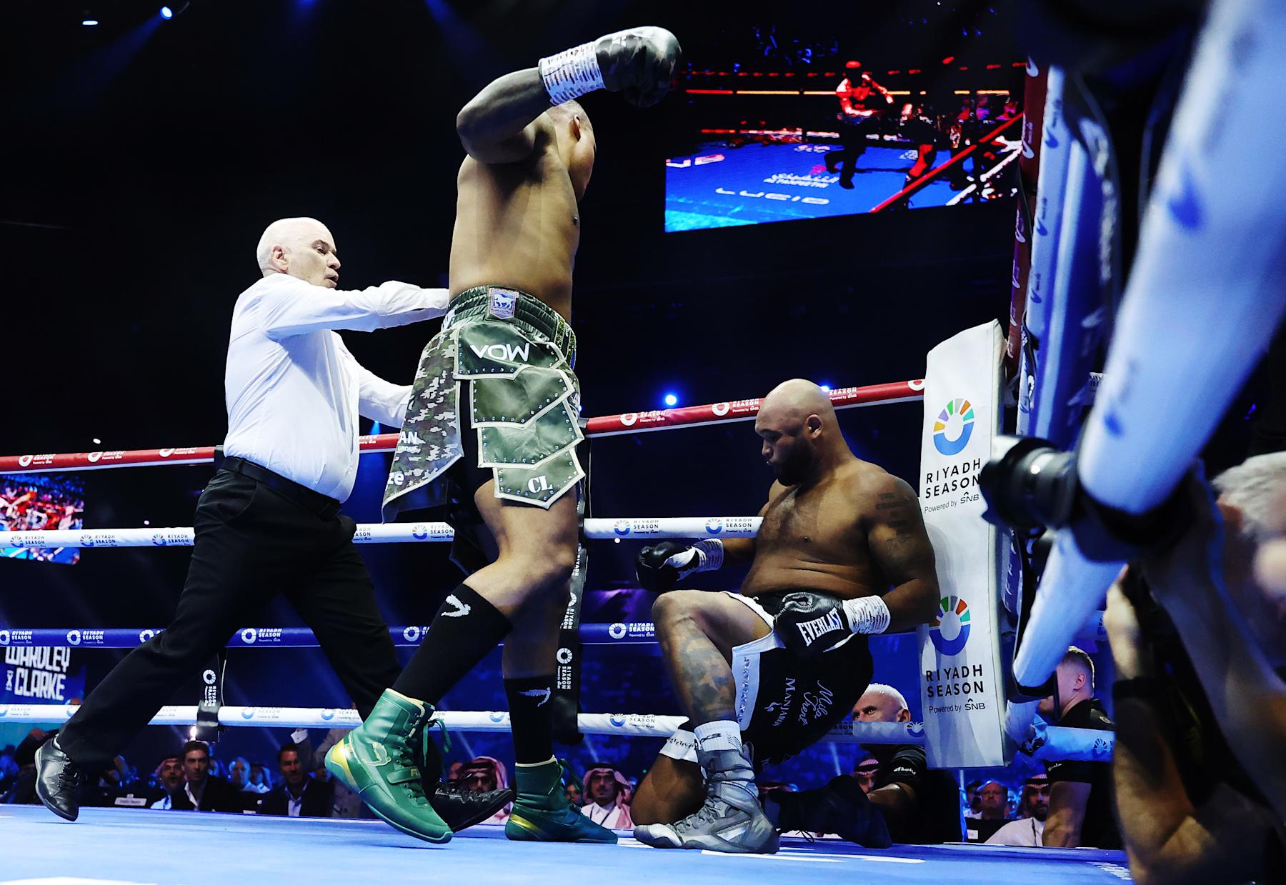 RIYADH, SAUDI ARABIA - OCTOBER 12: Fabio Wardley knocks out Frazer Clarke during the British Heavyweight title fight between Fabio Wardley and Frazer Clarke as part of the Riyadh Season - IV Crown Showdown card at Kingdom Arena on October 12, 2024 in Riyadh. (Photo by Richard Pelham/Getty Images)