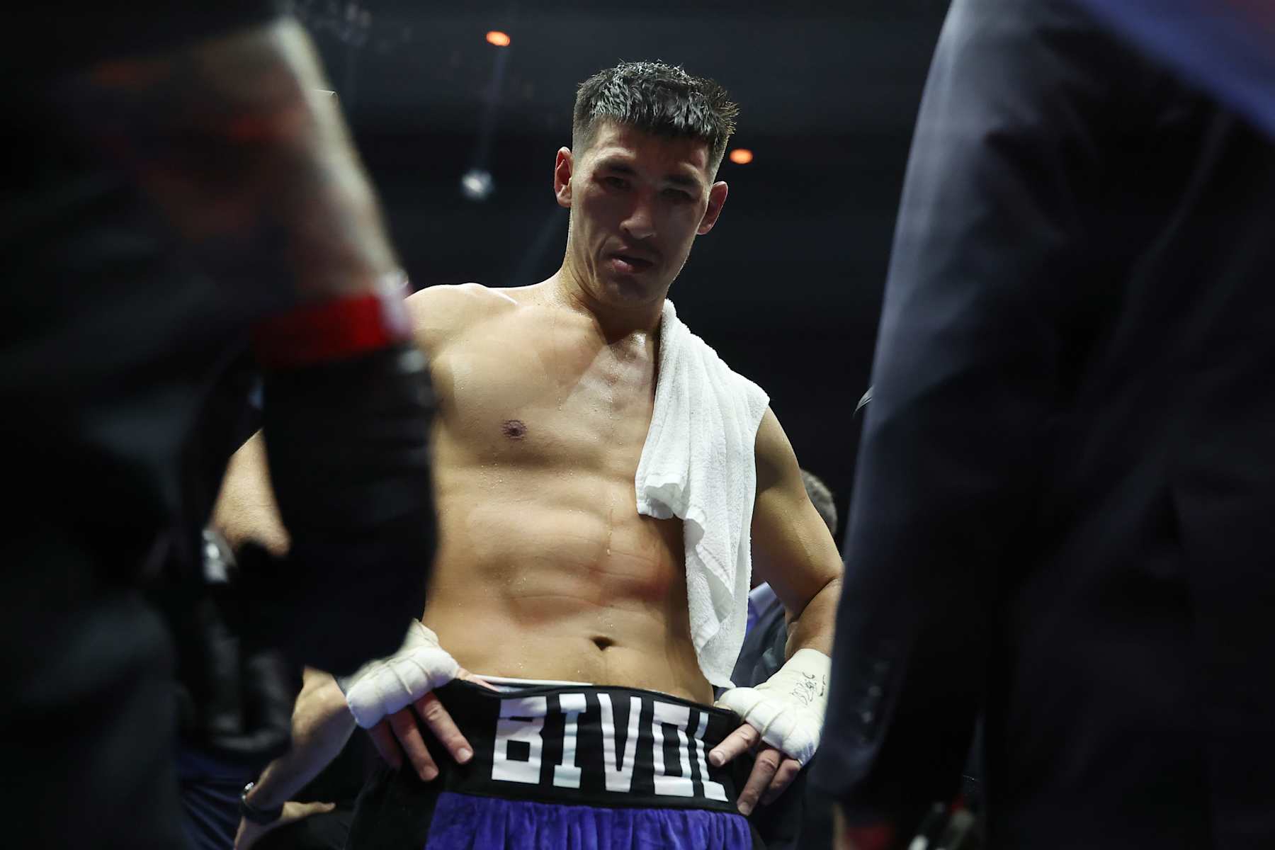 RIYADH, SAUDI ARABIA - OCTOBER 12: Dmitrii Bivol reacts following defeat to Artur Beterbiev (not pictured) during the IBF, IBO, WBC and WBO World Light Heavyweight titles' fight between Artur Beterbiev and Dmitrii Bivol as part of the Riyadh Season - IV Crown Showdown card at Kingdom Arena on October 12, 2024 in Riyadh. (Photo by Richard Pelham/Getty Images)