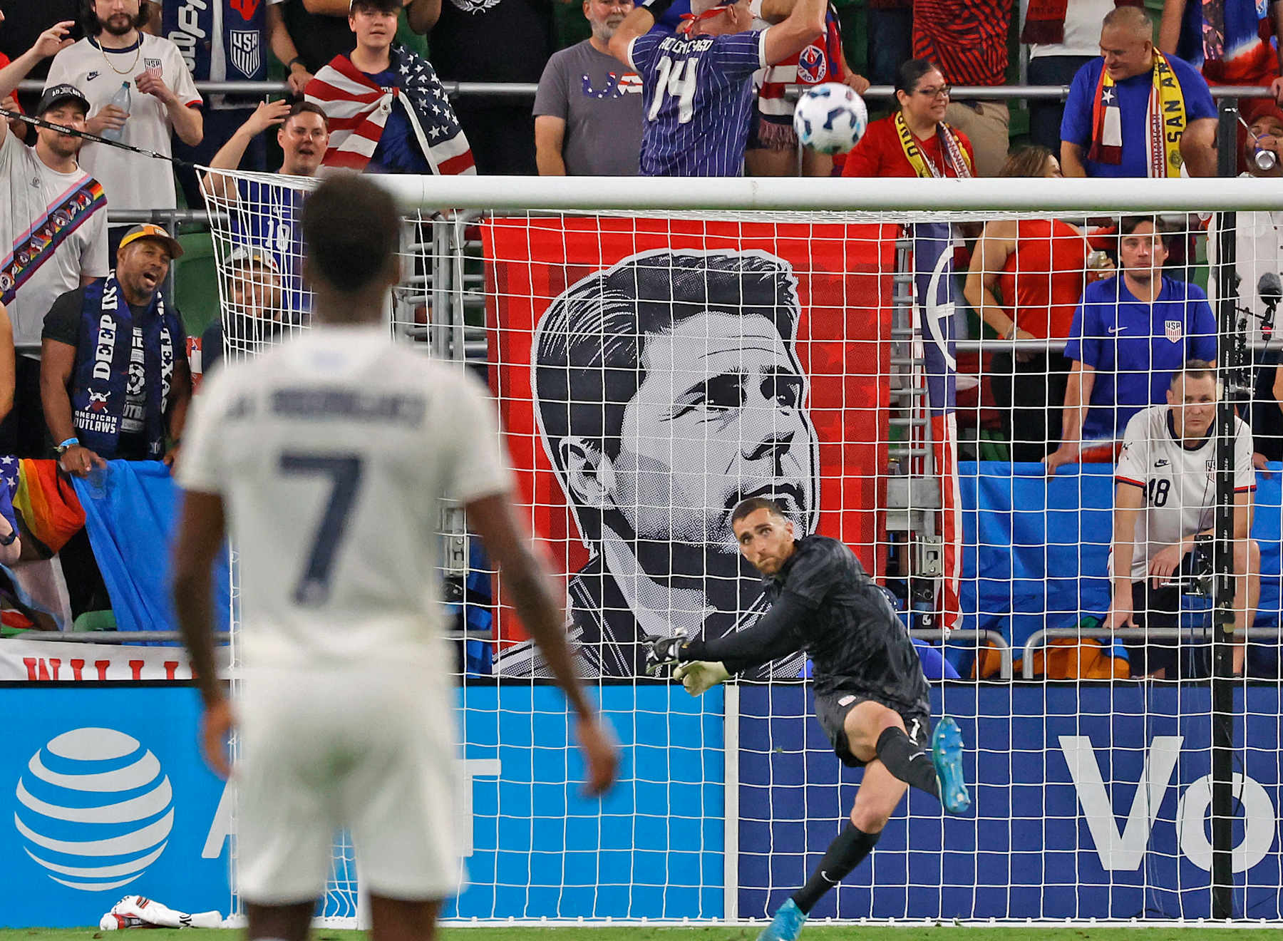 AUSTIN, TX - OCTOBER 12: Matt Turner #1 of the United States kicks the ball with a poster of head coach Mauricio Pochettino of the US Men's National Team on the background in the first half of the game against Panama in a international friendly match at Q2 stadium on October 12, 2024 in Austin, Texas. (Photo by Ronald Cortes/Getty Images)