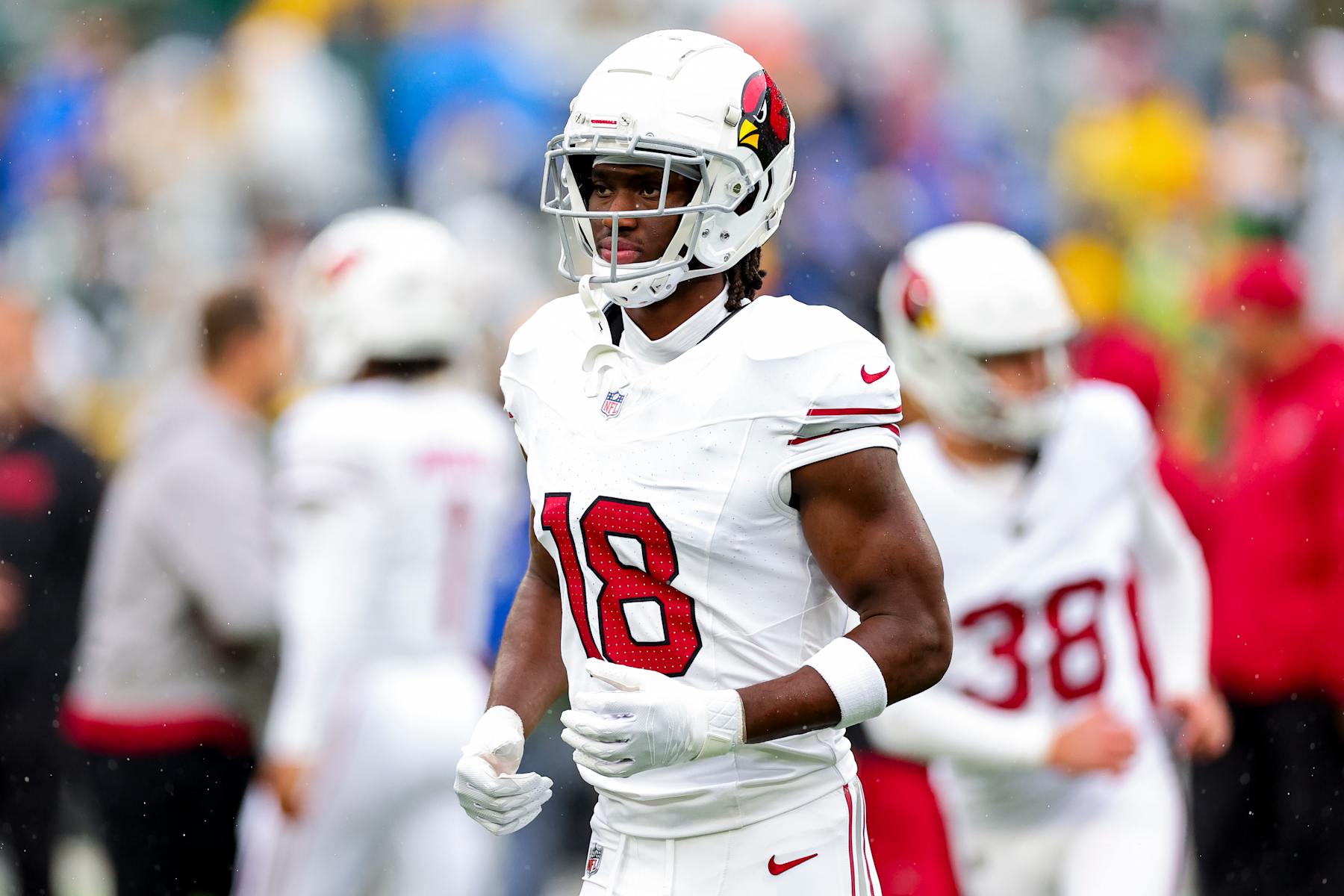 GREEN BAY, WISCONSIN - OCTOBER 13: Marvin Harrison Jr. #18 of the Arizona Cardinals warms up prior to playing the Green Bay Packers at Lambeau Field on October 13, 2024 in Green Bay, Wisconsin. (Photo by Stacy Revere/Getty Images)
