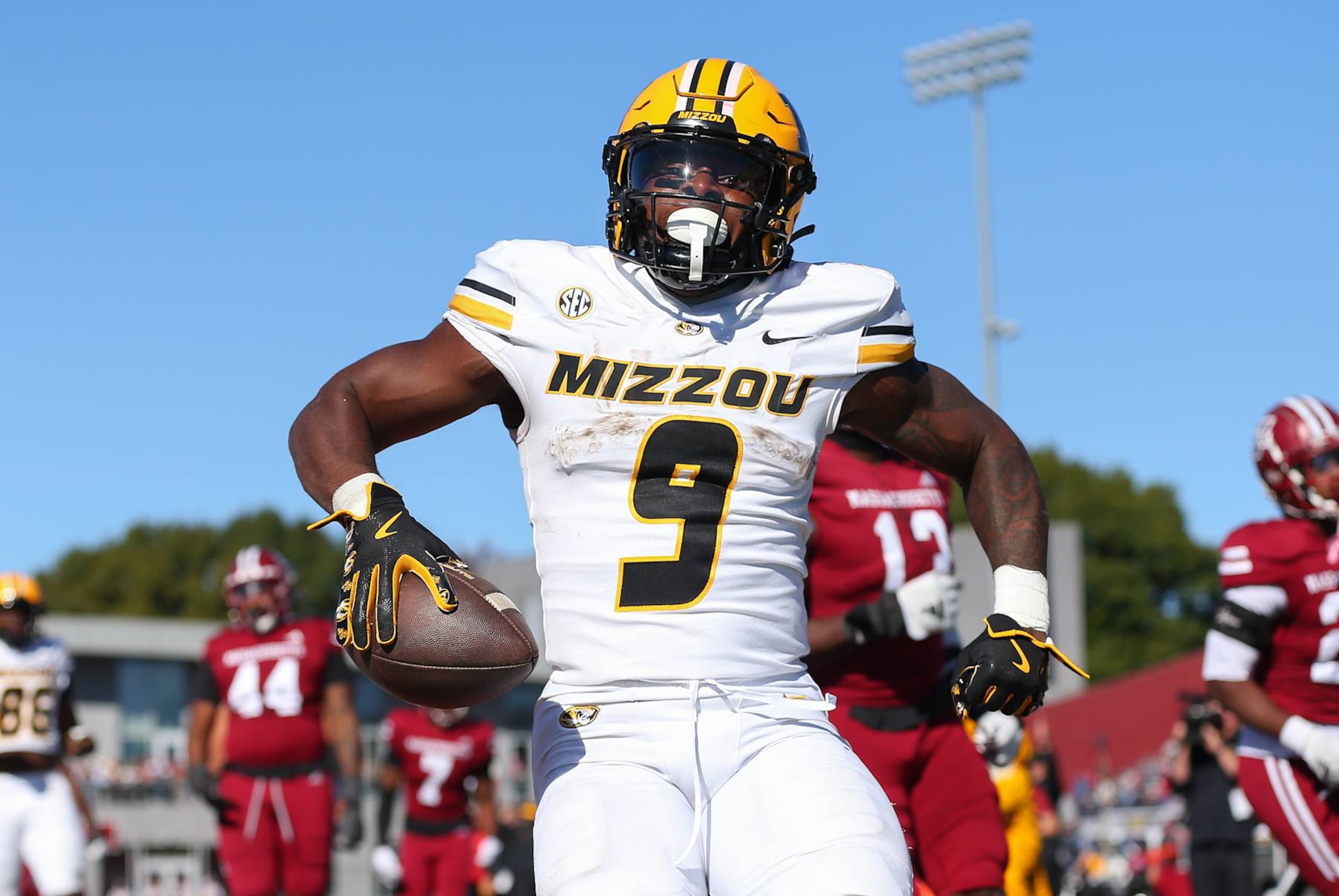 AMHERST, MA - OCTOBER 12: Missouri Tigers running back Marcus Carroll (9) reacts after scoring a touchdown during a college football game between Missouri Tigers and UMass Minutemen on October 12, 2024, at Warren McGuirk Alumni Stadium in Amherst, MA. (Photo by M. Anthony Nesmith/Icon Sportswire via Getty Images)