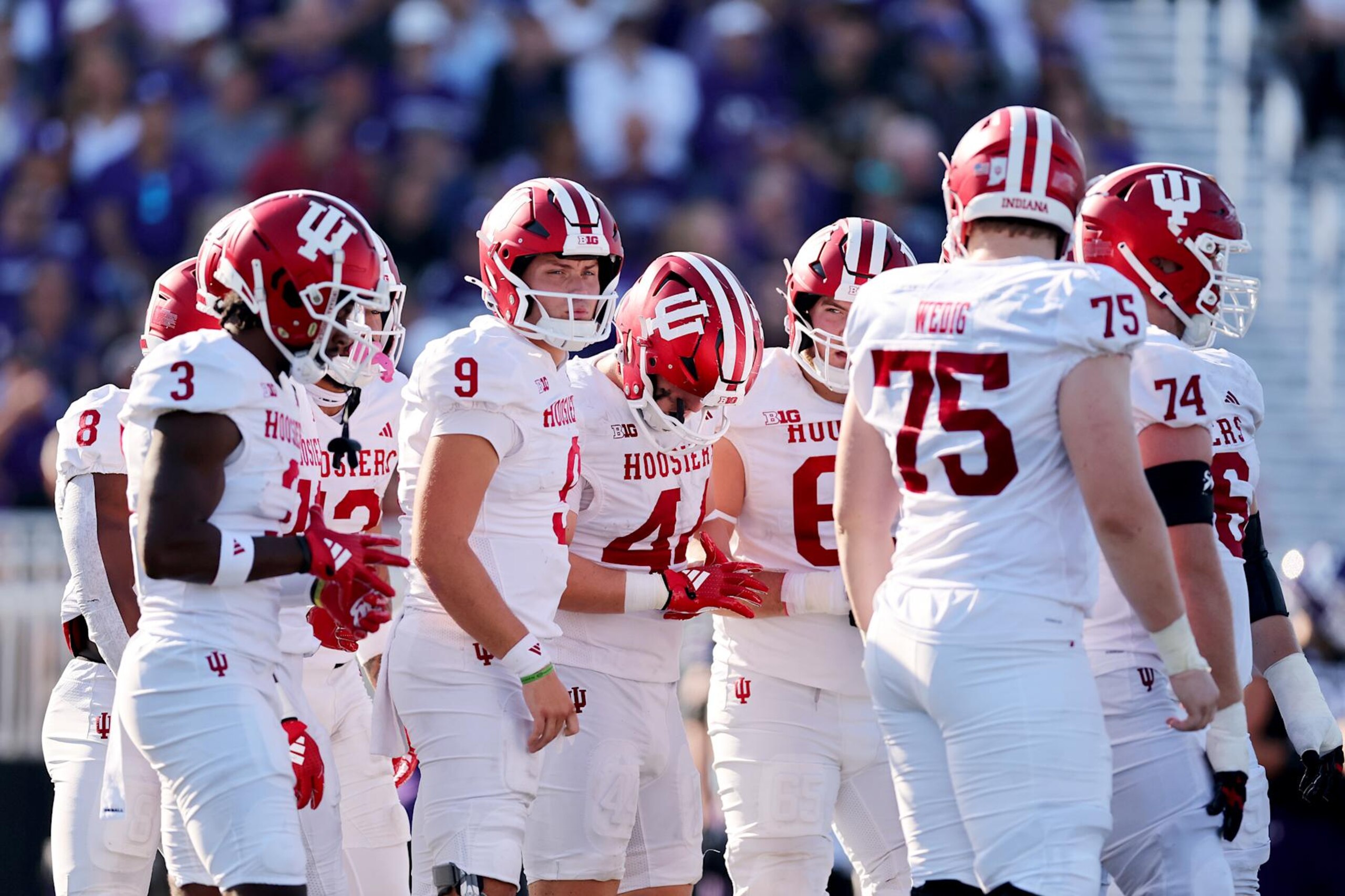 EVANSTON, ILLINOIS - OCTOBER 05: Kurtis Rourke #9 of the Indiana Hoosiers looks on from the huddle against the Northwestern Wildcats during the first half at Martin Stadium on October 05, 2024 in Evanston, Illinois. (Photo by Michael Reaves/Getty Images)