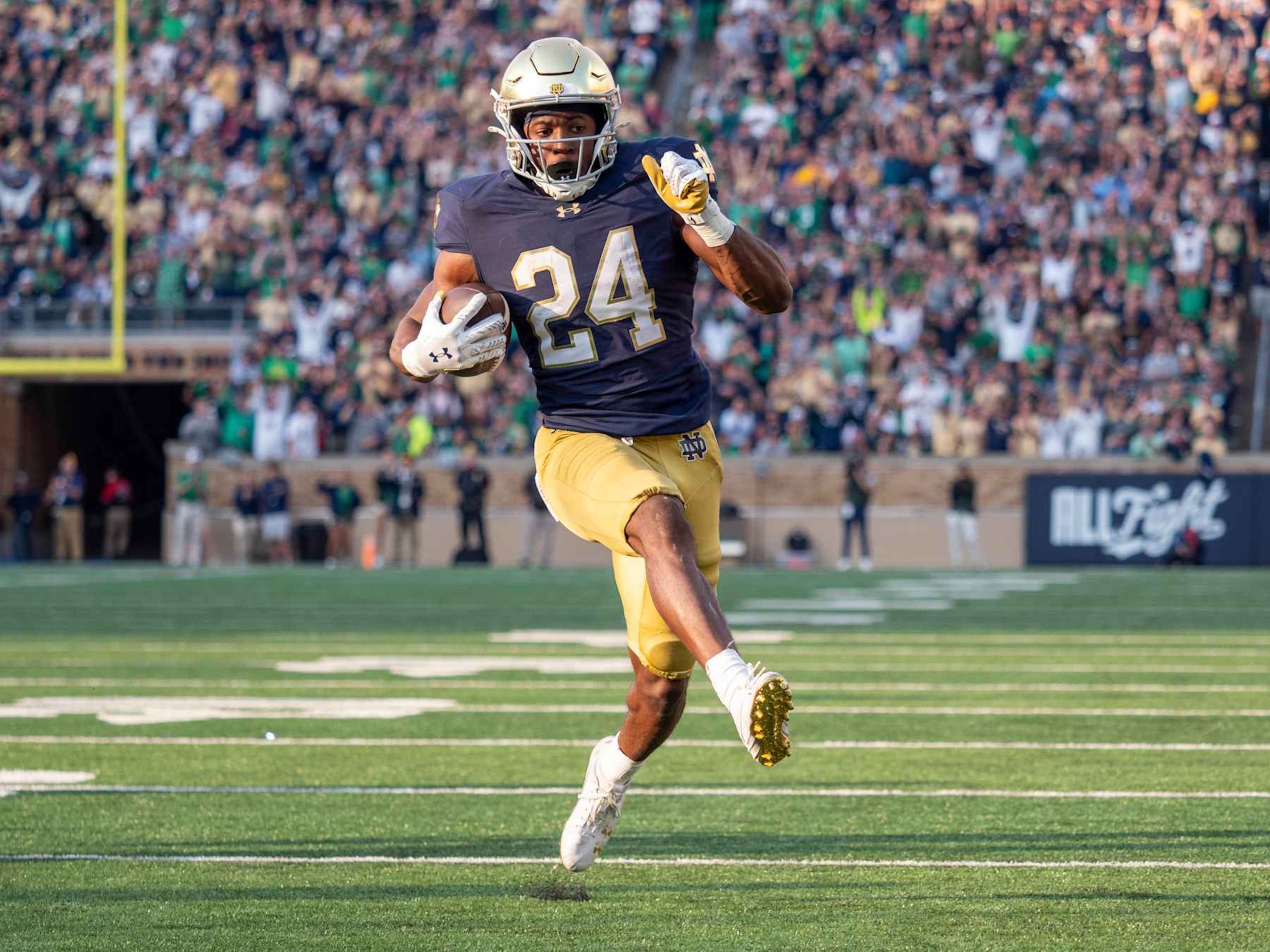 SOUTH BEND, IN - OCTOBER 12: Notre Dame Fighting Irish running back Jadarian Price (24) runs the ball for a touchdown during the game between the Notre Dame Fighting Irish and the Stanford Cardinal at Notre Dame Stadium in South Bend, IN on October 12, 2024. (Photo by Joseph Weiser/Icon Sportswire via Getty Images)