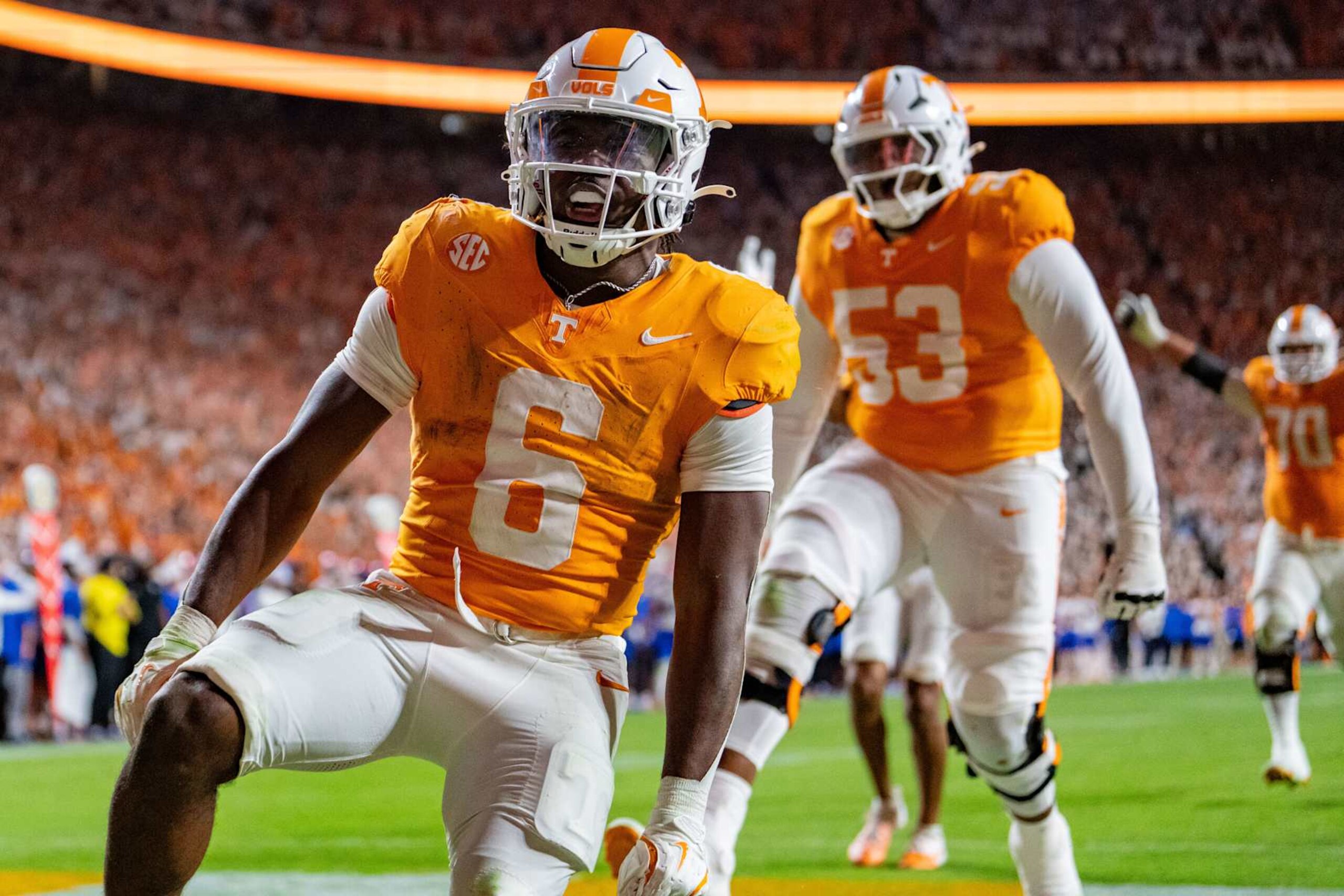 KNOXVILLE, TENNESSEE - OCTOBER 12: Dylan Sampson #6 of the Tennessee Volunteers reacts as he scores a touchdown in the fourth quarter during their game against the Florida Gators at Neyland Stadium on October 12, 2024 in Knoxville, Tennessee. (Photo by Jacob Kupferman/Getty Images)