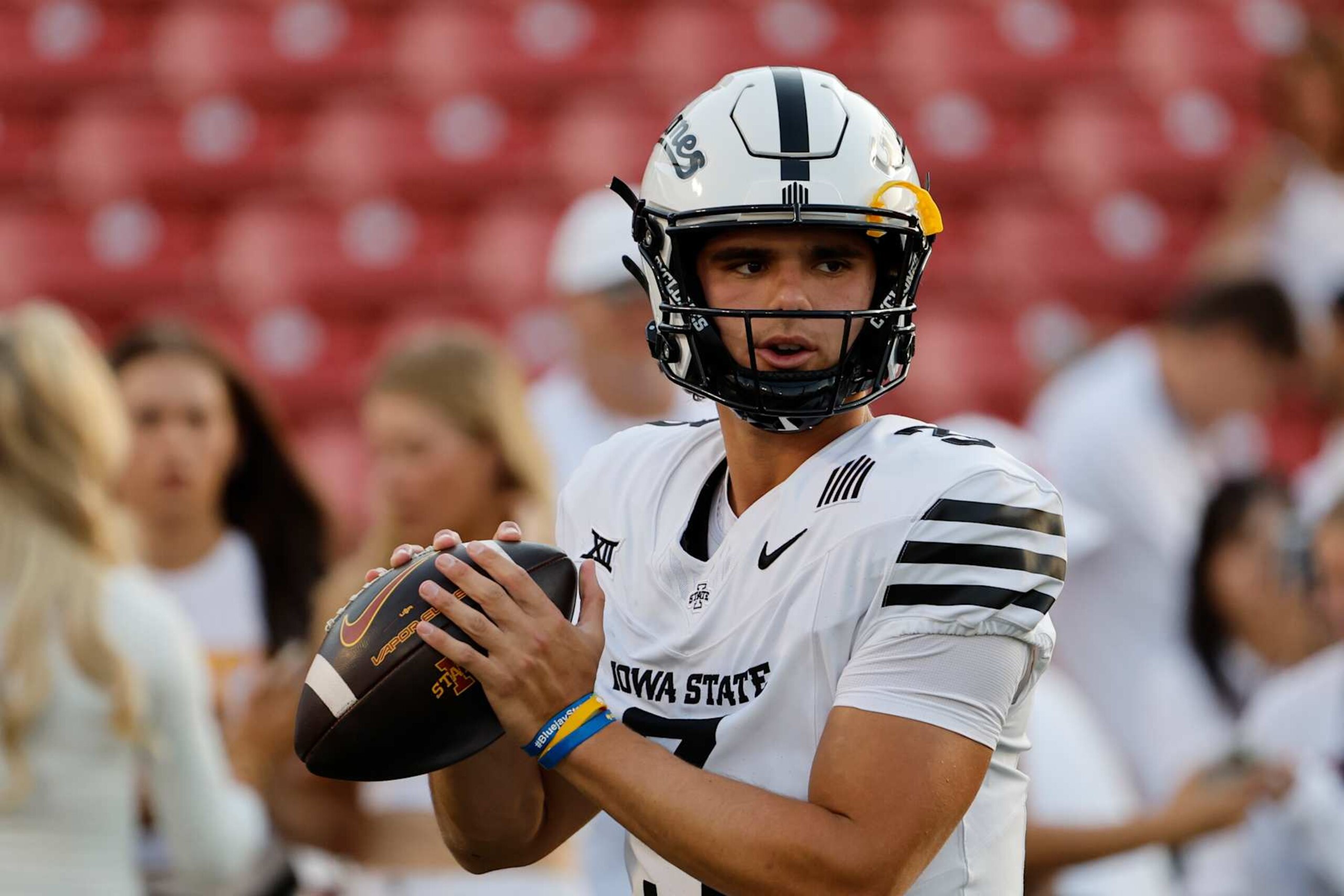 AMES, IA - OCTOBER 5: Quarterback Rocco Becht #3 of the Iowa State Cyclones throws the ball during warm-ups before game action against the Baylor Bears at Jack Trice Stadium on October 5, 2024, in Ames, Iowa. The Iowa State Cyclones won 43-21 over the Baylor Bears. (Photo by David K Purdy/Getty Images)