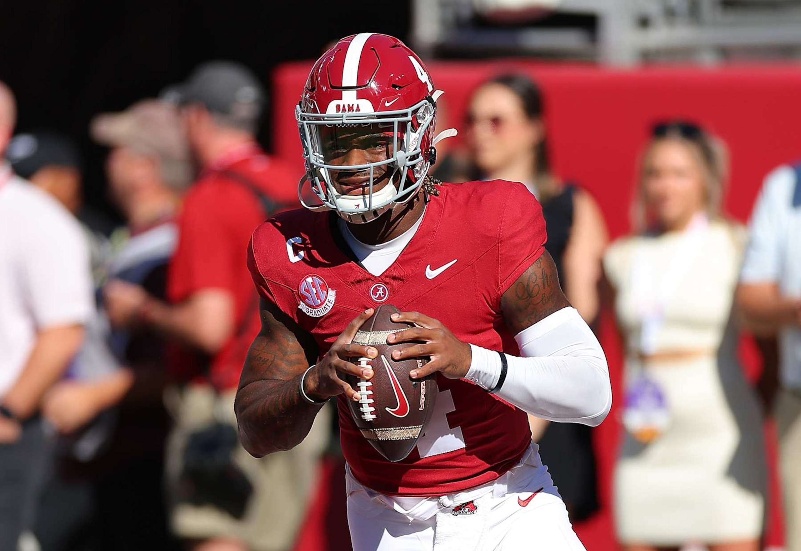 TUSCALOOSA, ALABAMA - OCTOBER 12:  Jalen Milroe #4 of the Alabama Crimson Tide warms up prior to facing the South Carolina Gamecocks at Bryant-Denny Stadium on October 12, 2024 in Tuscaloosa, Alabama. (Photo by Kevin C. Cox/Getty Images)