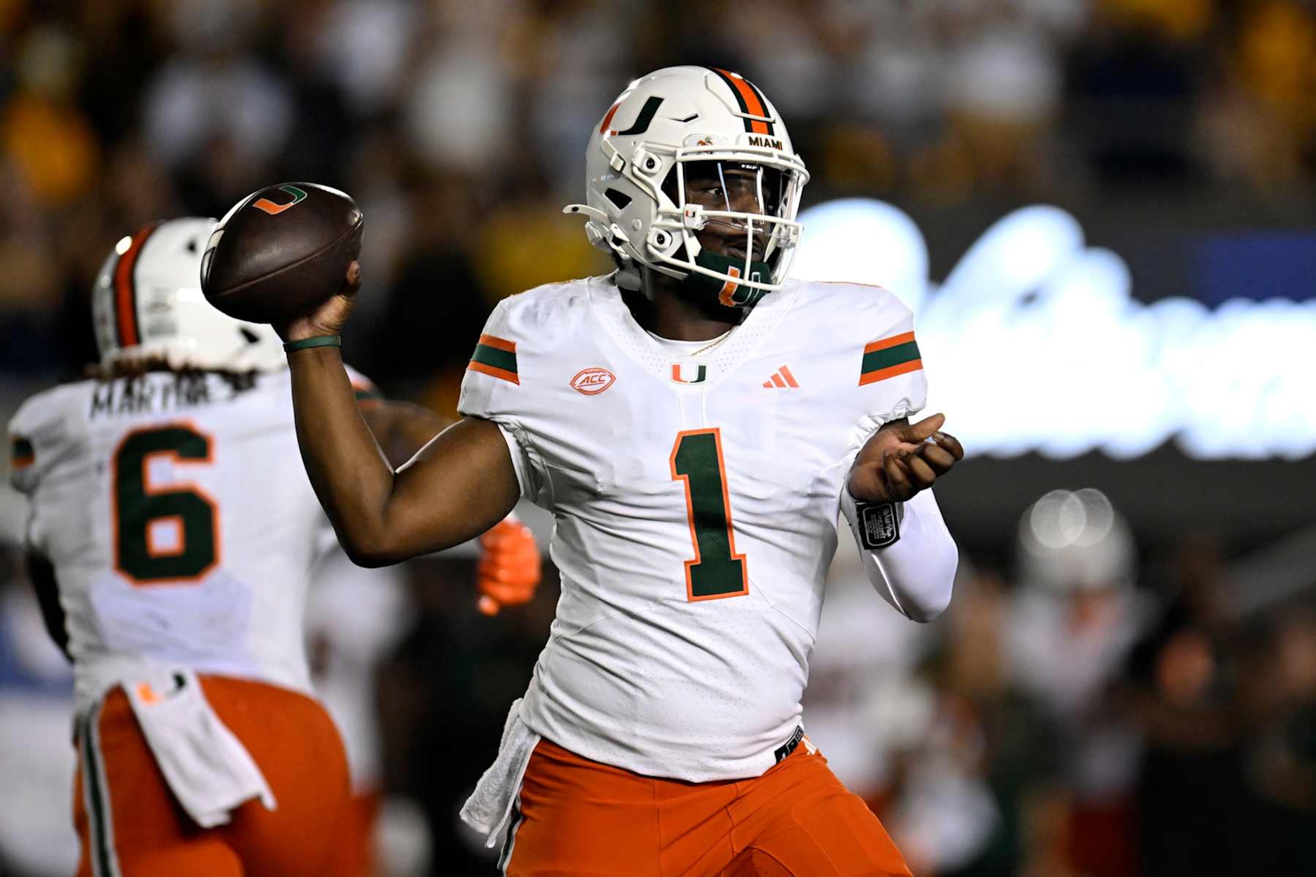BERKELEY, CALIFORNIA - OCTOBER 05: Cam Ward #1 of the Miami Hurricanes throws against the California Golden Bears in the third quarter at California Memorial Stadium on October 05, 2024 in Berkeley, California. (Photo by Eakin Howard/Getty Images)