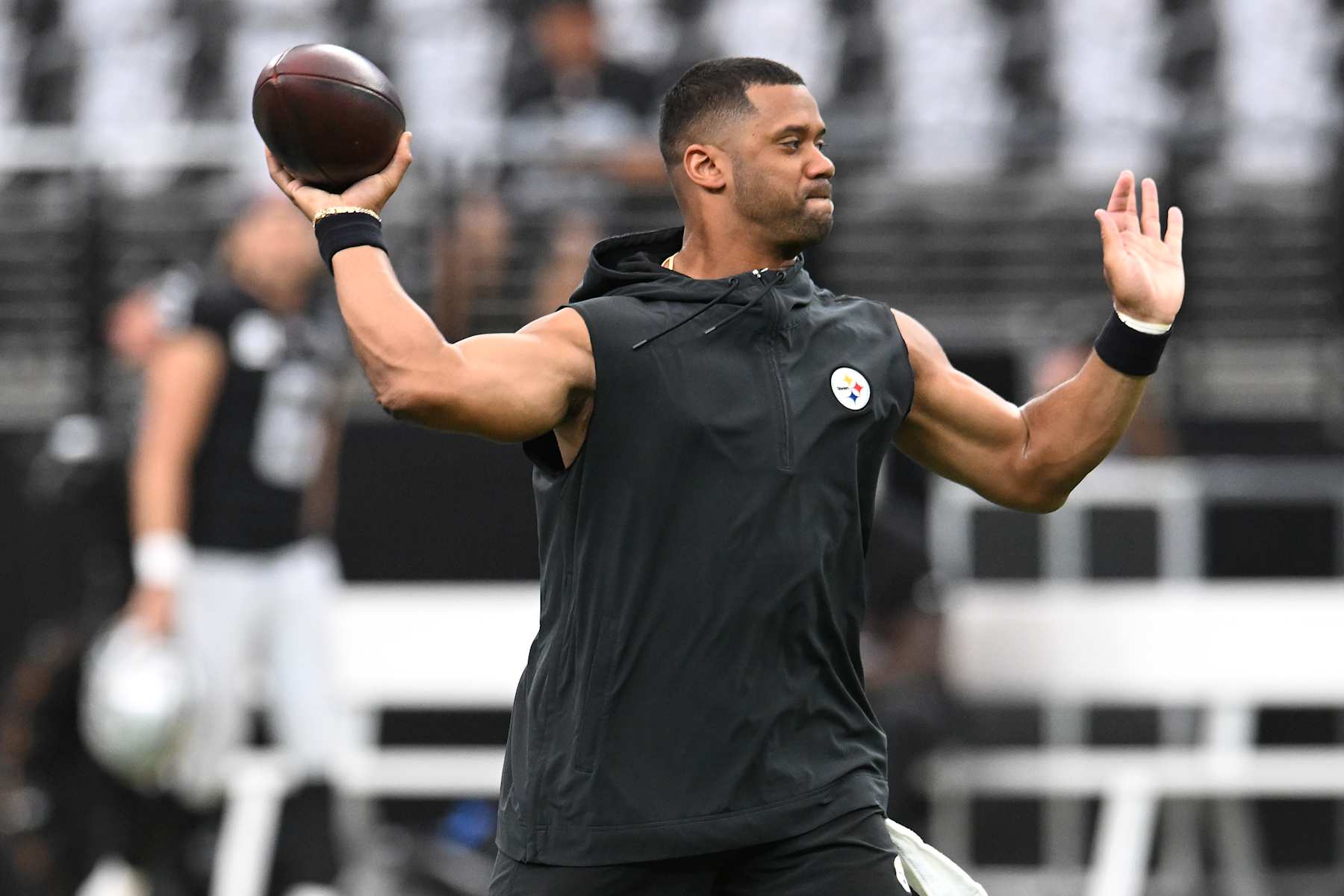 LAS VEGAS, NEVADA - OCTOBER 13: Russell Wilson #3 of the Pittsburgh Steelers warms-up prior to a game against the Las Vegas Raiders at Allegiant Stadium on October 13, 2024 in Las Vegas, Nevada. (Photo by Candice Ward/Getty Images)
