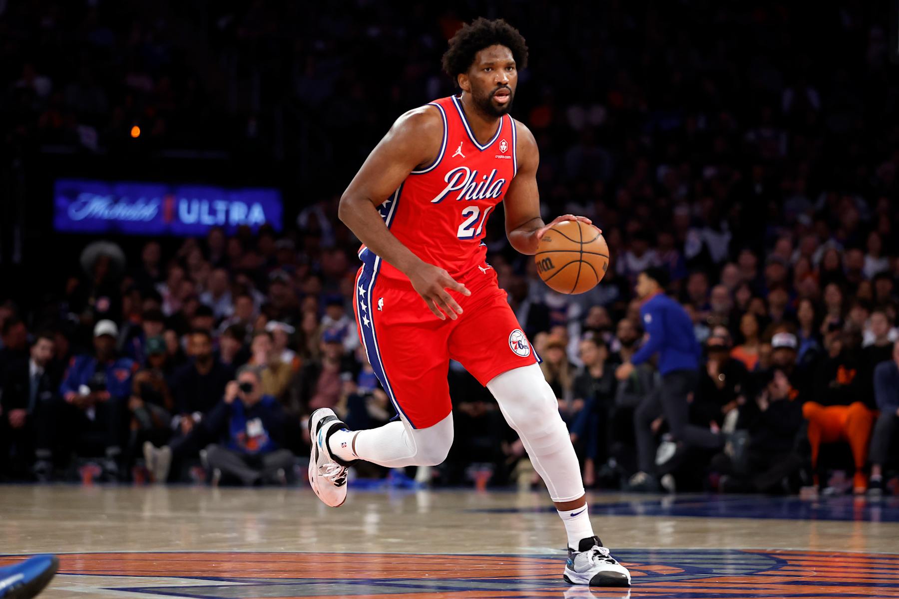 NEW YORK, NEW YORK - APRIL 22: Joel Embiid #21 of the Philadelphia 76ers dribbles during the game against the New York Knicks in Game Two of the Eastern Conference First Round Playoffs at Madison Square Garden on April 22, 2024 in New York City. The Knicks won 104-101. NOTE TO USER: User expressly acknowledges and agrees that, by downloading and or using this photograph, User is consenting to the terms and conditions of the Getty Images License Agreement. (Photo by Sarah Stier/Getty Images)
