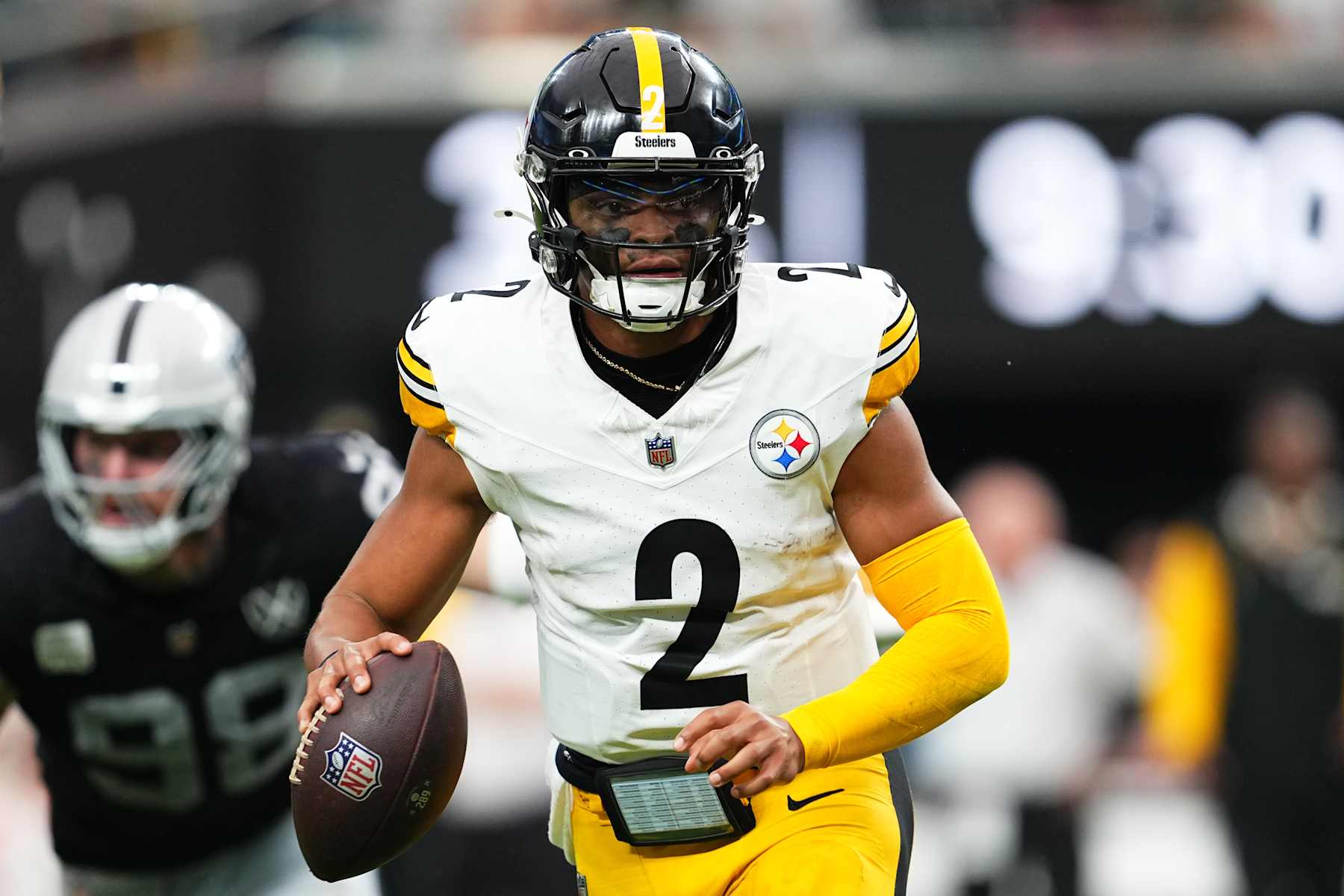 LAS VEGAS, NEVADA - OCTOBER 13: Justin Fields #2 of the Pittsburgh Steelers looks to throw a pass in the third quarter of a game against the Las Vegas Raiders at Allegiant Stadium on October 13, 2024 in Las Vegas, Nevada. (Photo by Chris Unger/Getty Images)