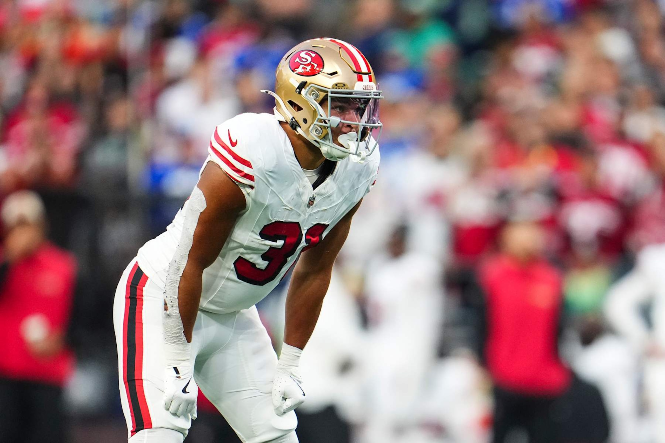 SEATTLE, WA - OCTOBER 10: Isaac Guerendo #31 of the San Francisco 49ers lines up before the snap during an NFL football game against the Seattle Seahawks at Lumen Field on October 10, 2024 in Seattle, Washington. (Photo by Cooper Neill/Getty Images) SEATTLE, WA - OCTOBER 10: Isaac Guerendo #31 of the San Francisco 49ers lines up before the snap during an NFL football game against the Seattle Seahawks at Lumen Field on October 10, 2024 in Seattle, Washington. (Photo by Cooper Neill/Getty Images)