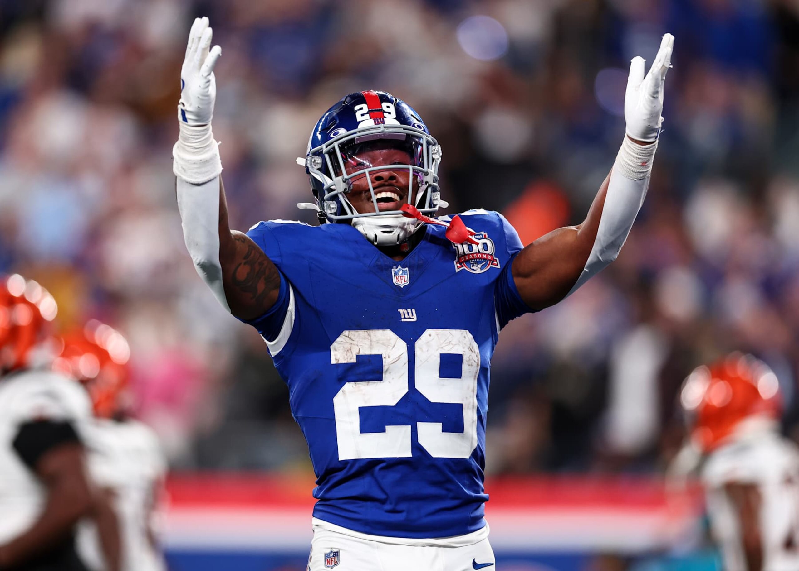 EAST RUTHERFORD, NEW JERSEY - OCTOBER 13: Tyrone Tracy Jr. #29 of the New York Giants celebrates after scoring a touchdown during the second half against the Cincinnati Bengals at MetLife Stadium on October 13, 2024 in East Rutherford, New Jersey. (Photo by Kevin Sabitus/Getty Images) EAST RUTHERFORD, NEW JERSEY - OCTOBER 13: Tyrone Tracy Jr. #29 of the New York Giants celebrates after scoring a touchdown during the second half against the Cincinnati Bengals at MetLife Stadium on October 13, 2024 in East Rutherford, New Jersey. (Photo by Kevin Sabitus/Getty Images)