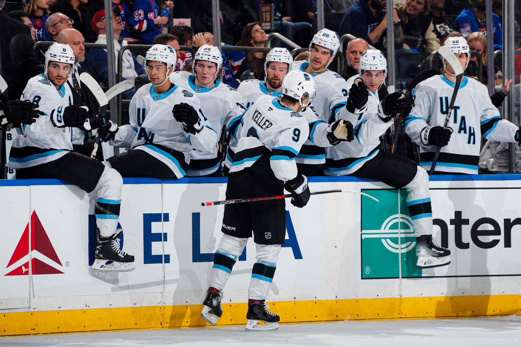 Utah Hockey Club celebrates a goal by team captain Clayton Keller. 