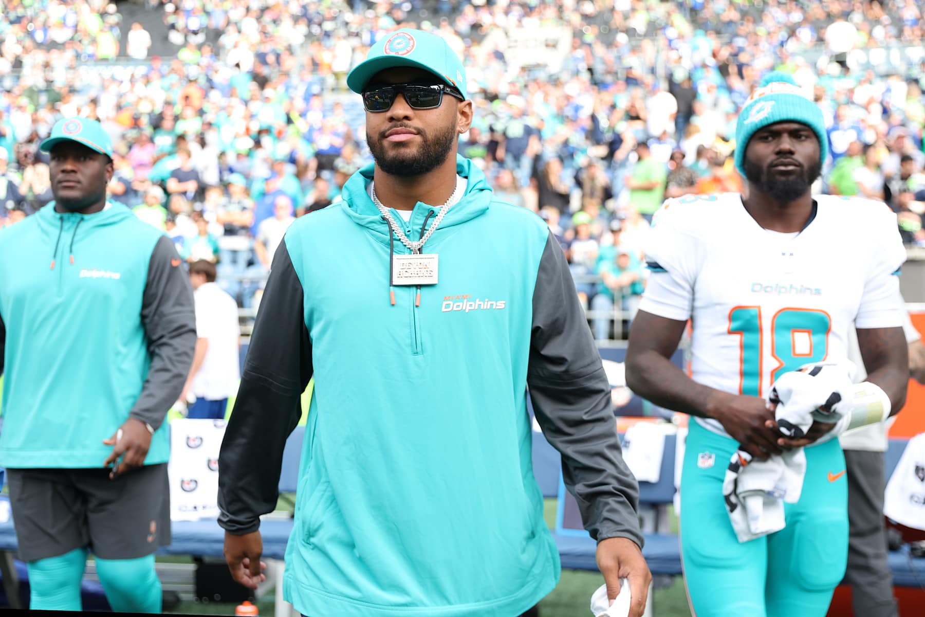SEATTLE, WASHINGTON - SEPTEMBER 22: Tua Tagovailoa #1 of the Miami Dolphins looks on after the game against the Seattle Seahawks at Lumen Field on September 22, 2024 in Seattle, Washington. (Photo by Steph Chambers/Getty Images)