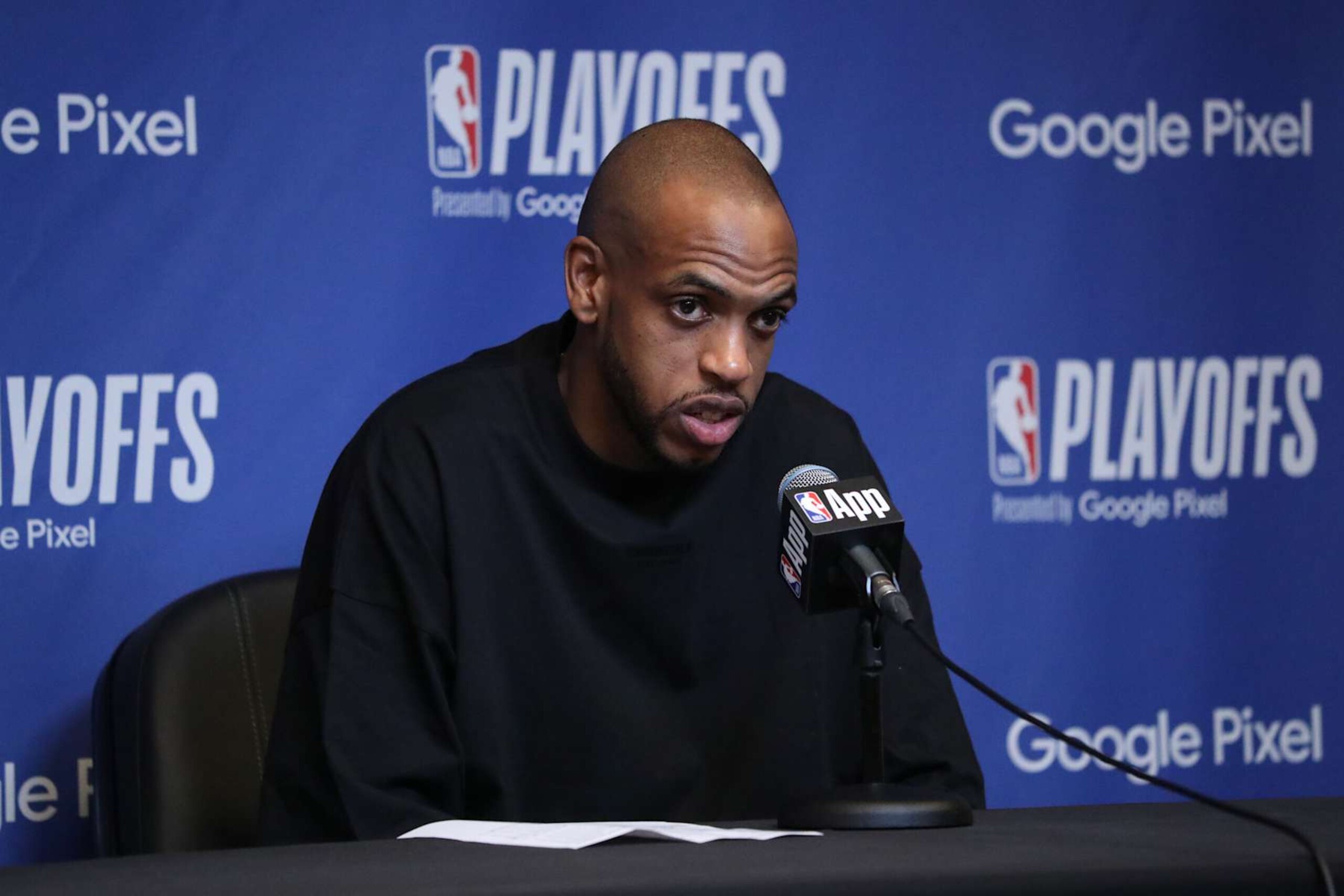 MILWAUKEE, WI - APRIL 30: Khris Middleton #22 of the Milwaukee Bucks talks to the media after the game against the Indiana Pacers during Round 1 Game 5 of the 2024 NBA Playoffs on April 30, 2024 at the Fiserv Forum Center in Milwaukee, Wisconsin. NOTE TO USER: User expressly acknowledges and agrees that, by downloading and or using this Photograph, user is consenting to the terms and conditions of the Getty Images License Agreement. Mandatory Copyright Notice: Copyright 2024 NBAE (Photo by Gary Dineen/NBAE via Getty Images). MILWAUKEE, WI - APRIL 30: Khris Middleton #22 of the Milwaukee Bucks talks to the media after the game against the Indiana Pacers during Round 1 Game 5 of the 2024 NBA Playoffs on April 30, 2024 at the Fiserv Forum Center in Milwaukee, Wisconsin. NOTE TO USER: User expressly acknowledges and agrees that, by downloading and or using this Photograph, user is consenting to the terms and conditions of the Getty Images License Agreement. Mandatory Copyright Notice: Copyright 2024 NBAE (Photo by Gary Dineen/NBAE via Getty Images).