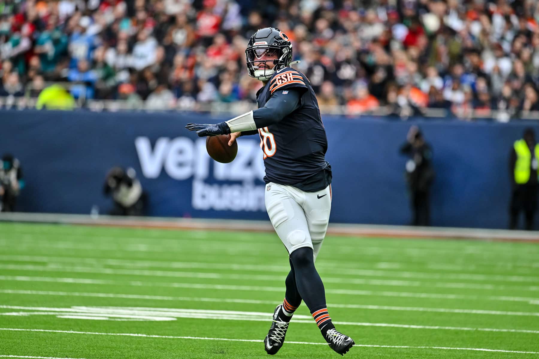 London, United Kingdom - October 13: Caleb Williams of Chicago Bears controls the ball during the NFL match between Jacksonville Jaguars and Chicago Bears at Tottenham Hotspur Stadium on October 13, 2024 in London, England. (Photo by Vince Mignott/DeFodi Images via Getty Images)