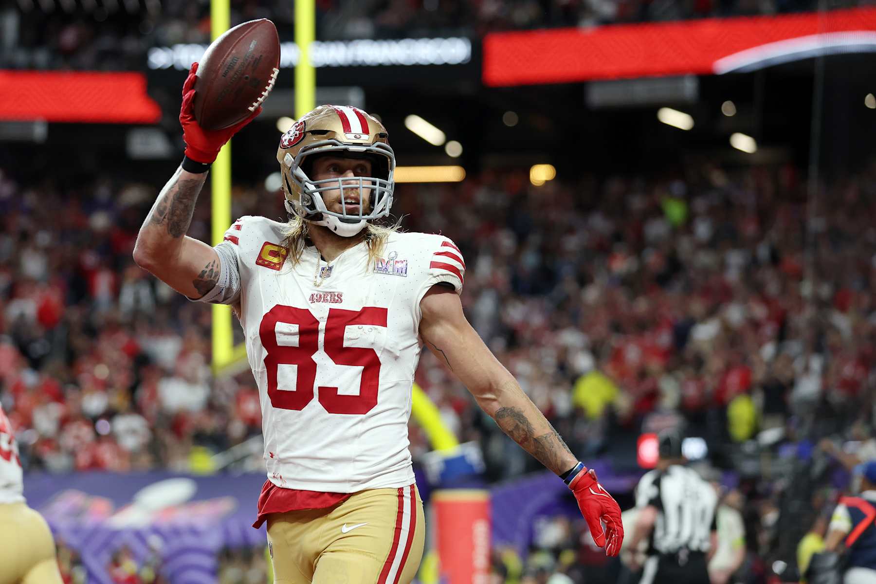 LAS VEGAS, NEVADA - FEBRUARY 11: George Kittle #85 of the San Francisco 49ers reacts during the second quarter against the Kansas City Chiefs during Super Bowl LVIII at Allegiant Stadium on February 11, 2024 in Las Vegas, Nevada. (Photo by Ezra Shaw/Getty Images)