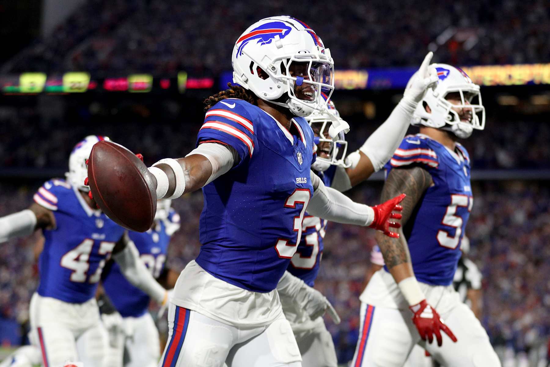 ORCHARD PARK, NEW YORK - SEPTEMBER 23: Damar Hamlin #3 of the Buffalo Bills celebrates an interception during the second quarter against the Jacksonville Jaguars at Highmark Stadium on September 23, 2024 in Orchard Park, New York. (Photo by Bryan M. Bennett/Getty Images)