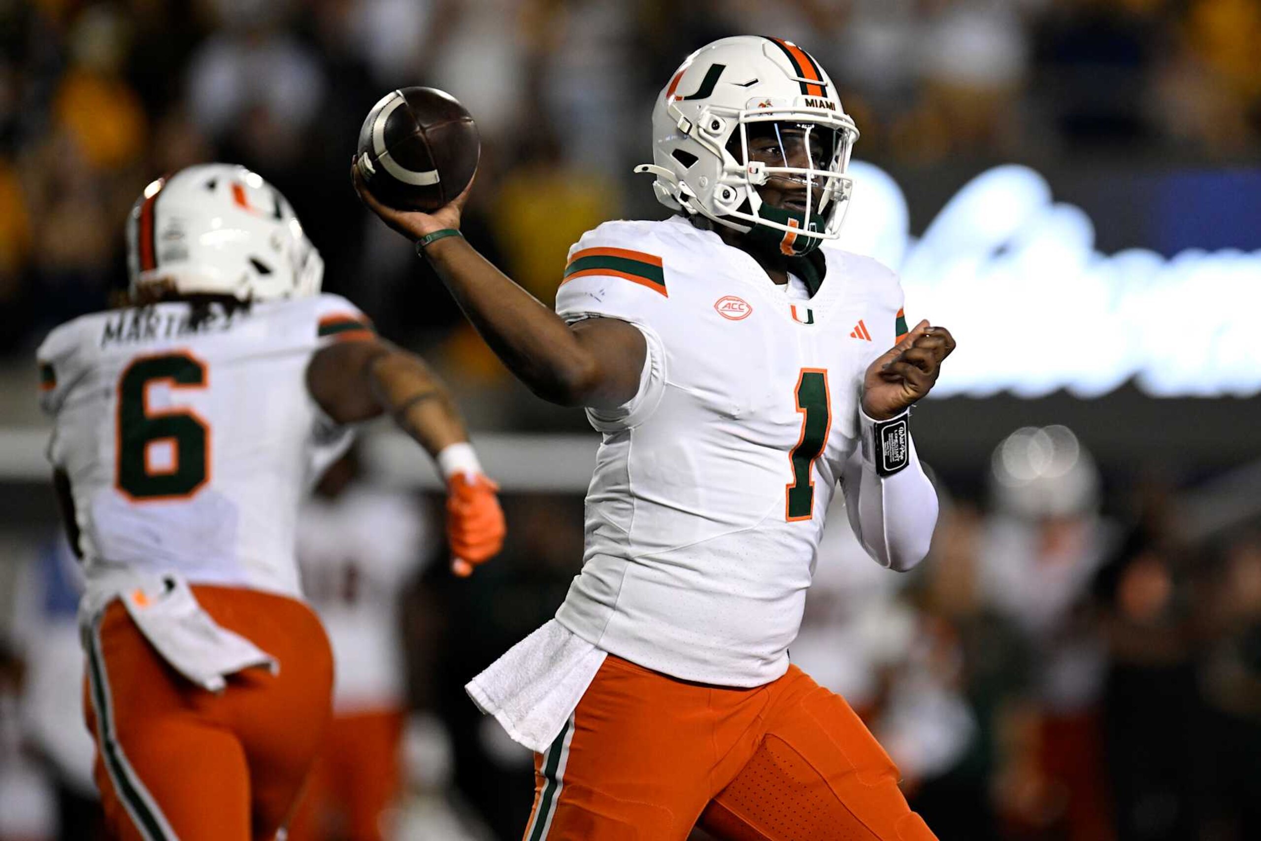 BERKELEY, CALIFORNIA - OCTOBER 05: Cam Ward #1 of the Miami Hurricanes throws against the California Golden Bears in the third quarter at California Memorial Stadium on October 05, 2024 in Berkeley, California. (Photo by Eakin Howard/Getty Images)