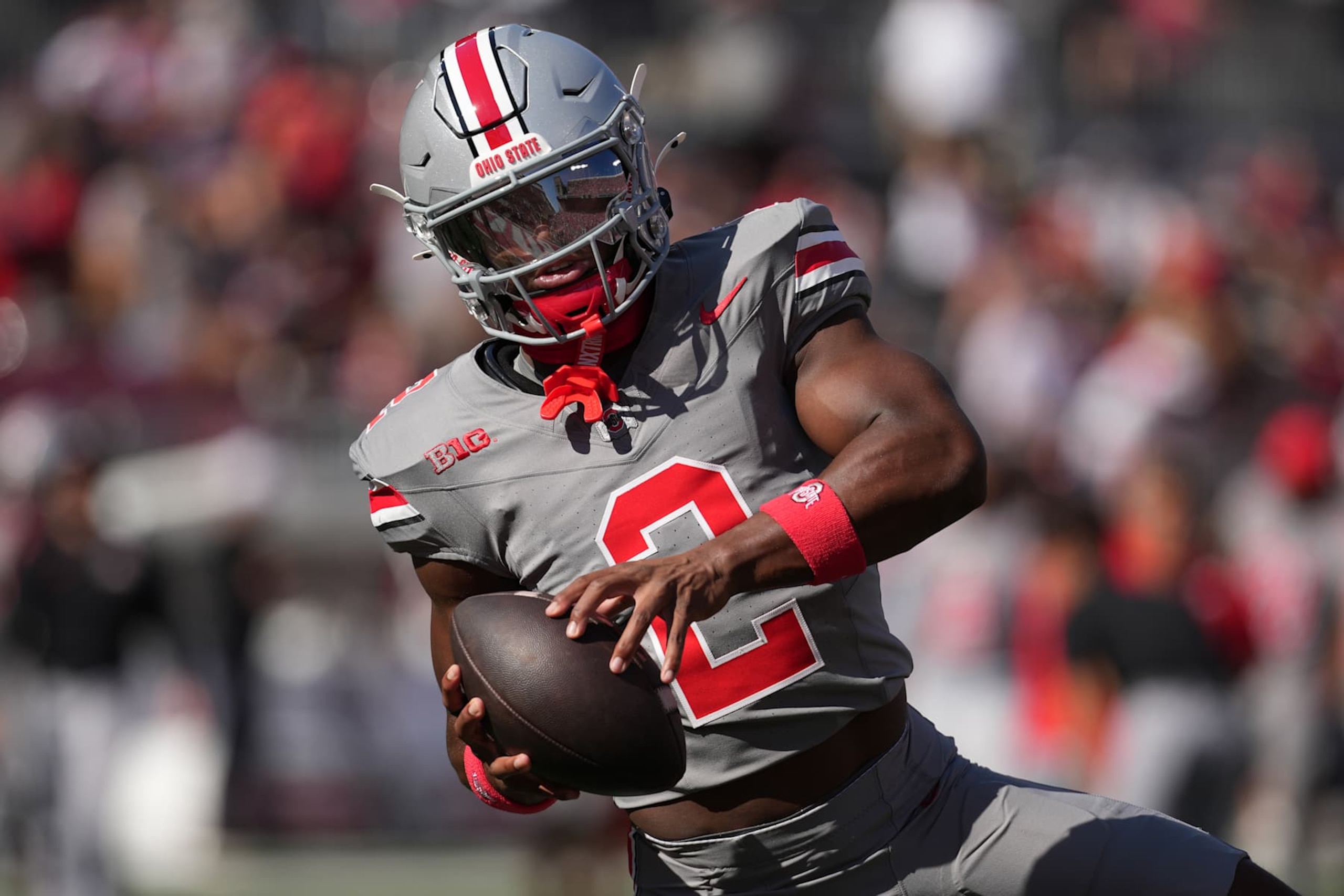 COLUMBUS, OHIO - OCTOBER 05: Safety Caleb Downs #2 of the Ohio State Buckeyes warms up before the game against the Iowa Hawkeyes at Ohio Stadium on October 05, 2024 in Columbus, Ohio. (Photo by Jason Mowry/Getty Images)