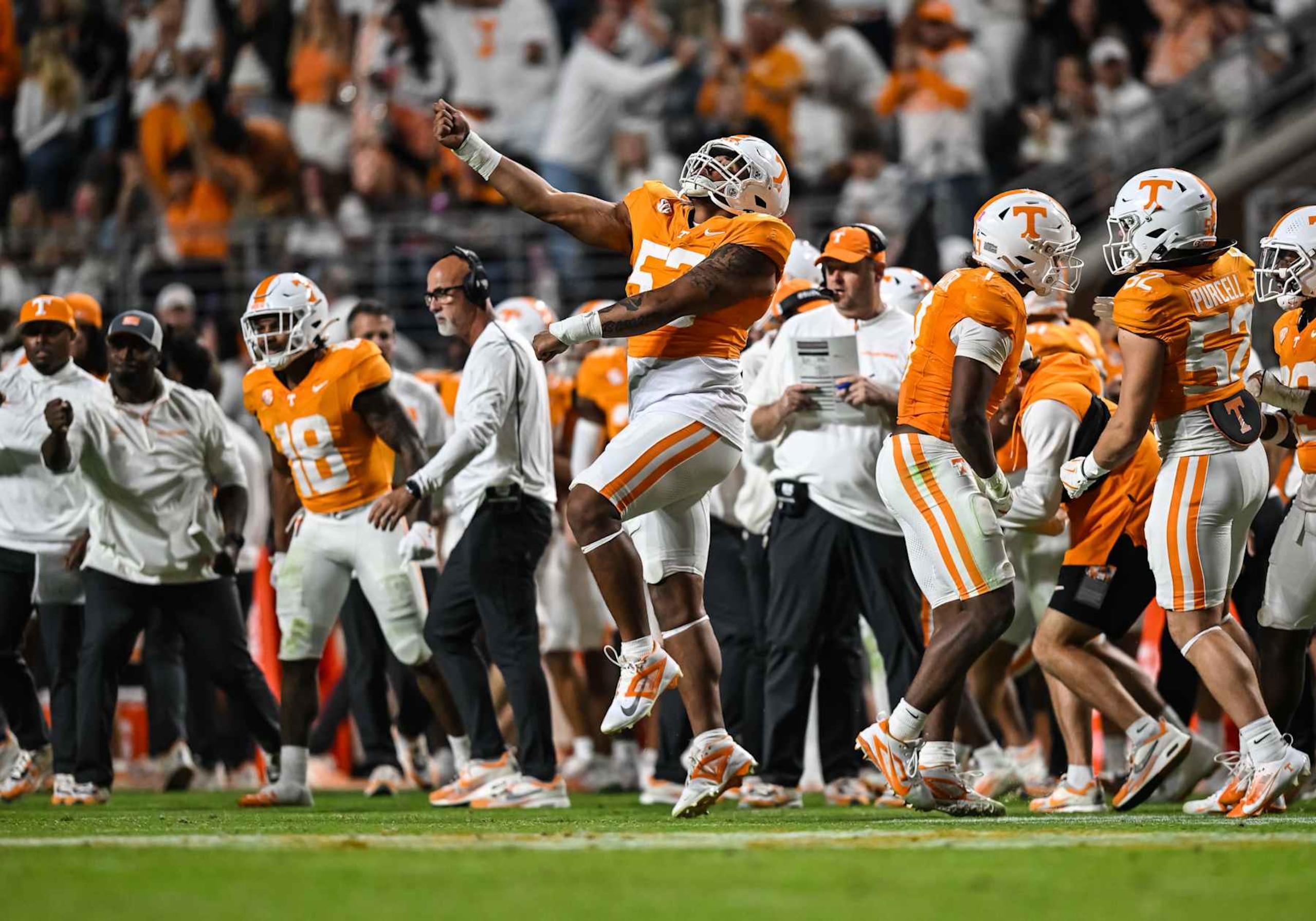 KNOXVILLE, TN - OCTOBER 12: Tennessee Volunteers offensive lineman Lance Heard (53) celebrates after a missed Florida Gators field goal in overtime during the college football game between the Tennessee Volunteers and the Florida Gators on October 12, 2024, at Neyland Stadium in Knoxville, TN. (Photo by Bryan Lynn/Icon Sportswire via Getty Images)