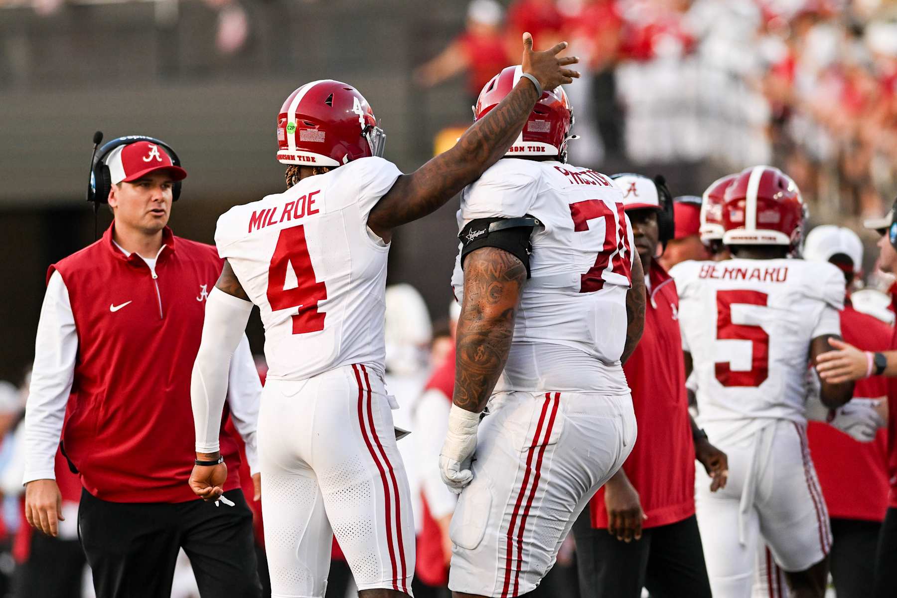 NASHVILLE, TENNESSEE - OCTOBER 5: Jalen Milroe #4 and Kadyn Proctor #74 of the Alabama Crimson Tide celebrate a touchdown against the Vanderbilt Commodores in the second half at FirstBank Stadium on October 5, 2024 in Nashville, Tennessee. (Photo by Carly Mackler/Getty Images)