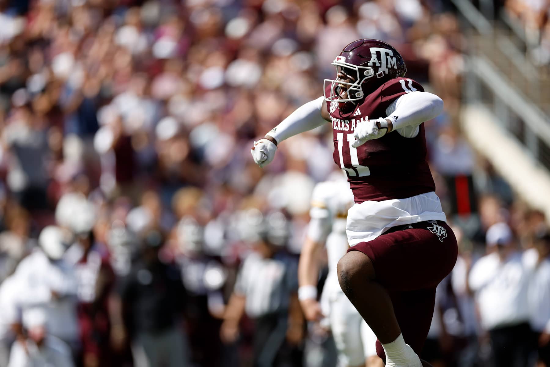 COLLEGE STATION, TEXAS - OCTOBER 05: Nic Scourton #11 of the Texas A&M Aggies reacts after a tackle in the first half against the Missouri Tigers at Kyle Field on October 05, 2024 in College Station, Texas. (Photo by Tim Warner/Getty Images)