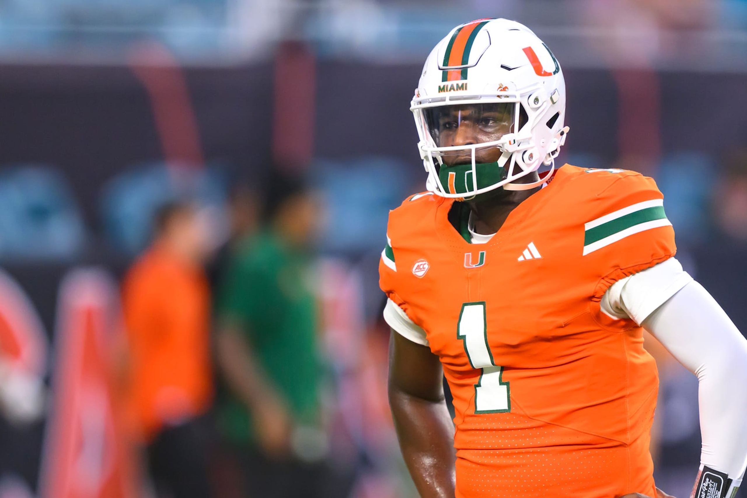 MIAMI GARDENS, FL - SEPTEMBER 27: Miami quarterback Cam Ward (1) stands on the field before the college football game between the Virginia Tech Hokies and the University of Miami Hurricanes on September 27, 2024 at the Hard Rock Stadium in Miami Gardens, FL. (Photo by Doug Murray/Icon Sportswire via Getty Images)