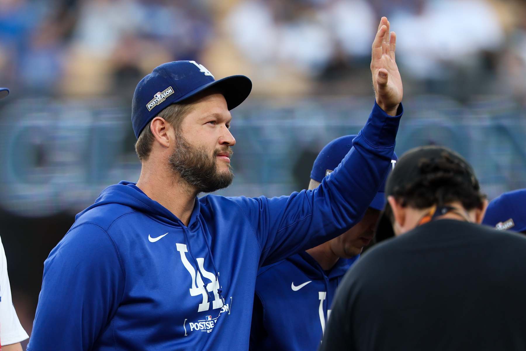 LOS ANGELES, CALIFORNIA - OCTOBER 05: Los Angeles Dodgers pitcher Clayton Kershaw is introduced before game one of the National League Division Series against the San Diego Padres at Dodger Stadium on Saturday, Oct. 5, 2024 in Los Angeles. (Robert Gauthier / Los Angeles Times via Getty Images)