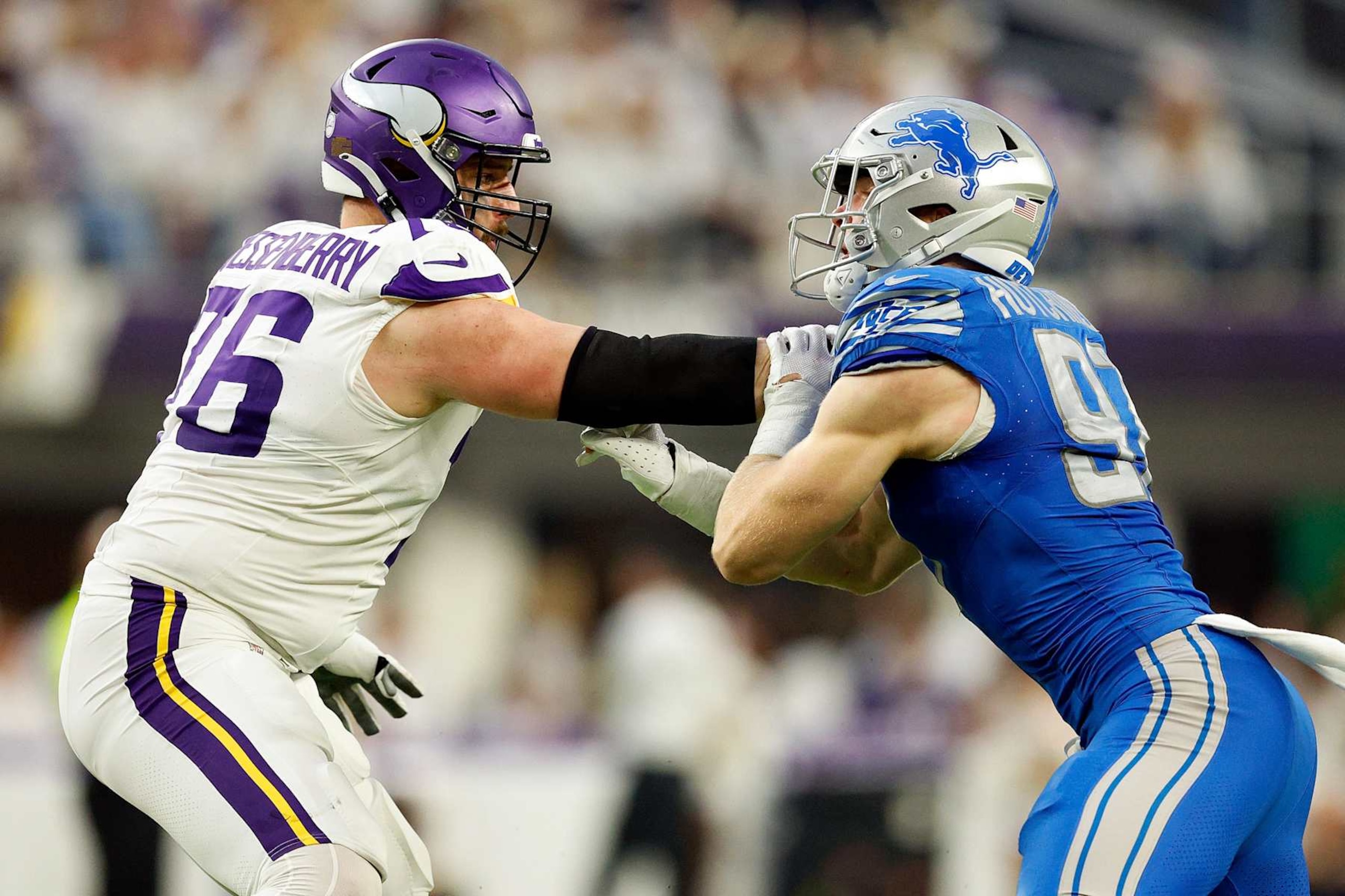 MINNEAPOLIS, MINNESOTA - DECEMBER 24: Aidan Hutchinson #97 of the Detroit Lions competes against David Quessenberry #76 of the Minnesota Vikings in the first half at U.S. Bank Stadium on December 24, 2023 in Minneapolis, Minnesota. The Lions defeated the Vikings 30-24. (Photo by David Berding/Getty Images)