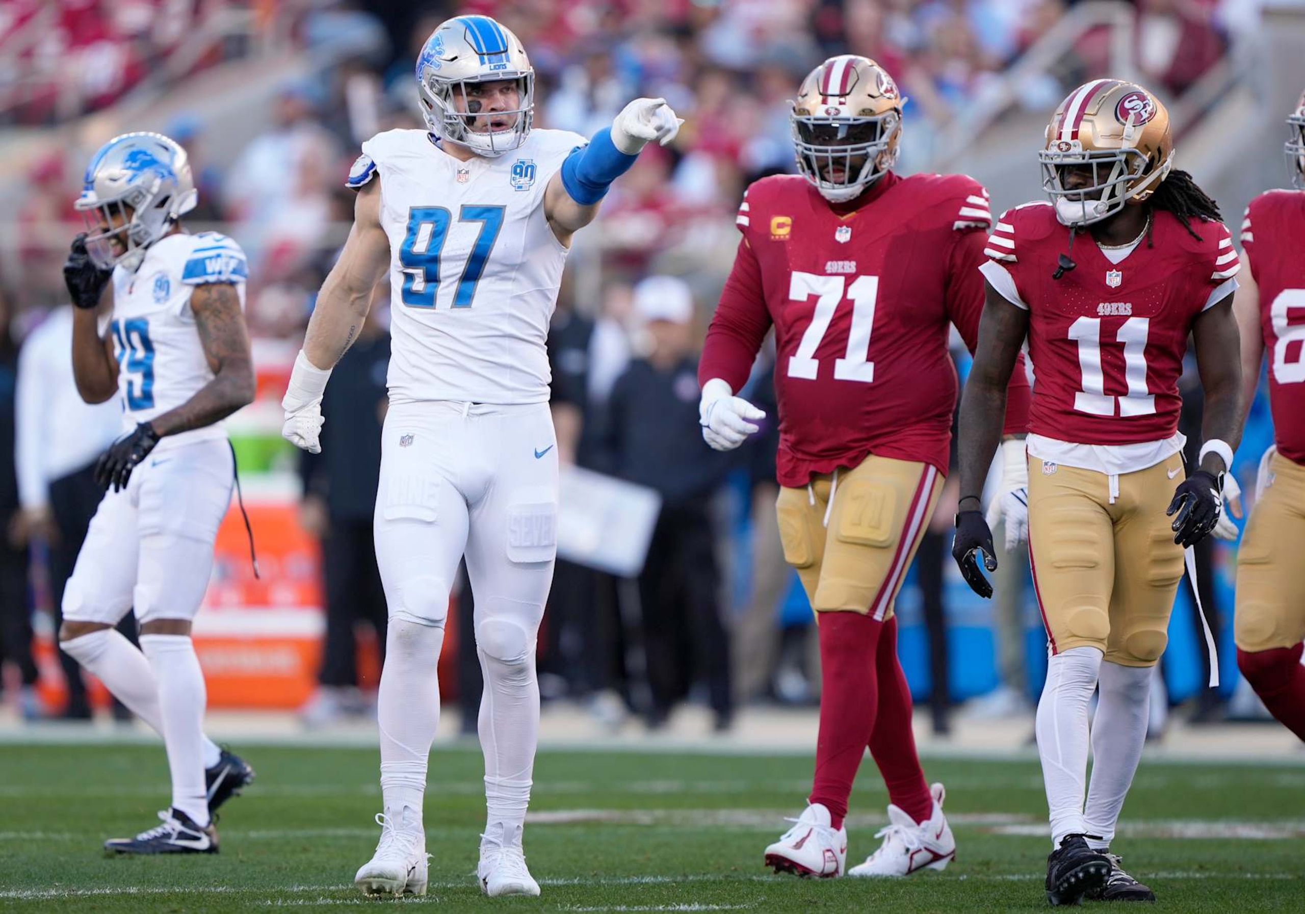 SANTA CLARA, CALIFORNIA - JANUARY 28: Aidan Hutchinson #97 of the Detroit Lions reacts after a play during the first quarter against the San Francisco 49ers in the NFC Championship Game at Levi's Stadium on January 28, 2024 in Santa Clara, California. (Photo by Thearon W. Henderson/Getty Images)