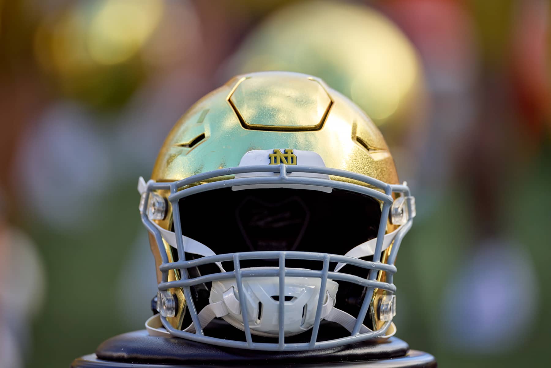 SOUTH BEND, IN - SEPTEMBER 07: A detail view of a Notre Dame Fighting Irish helmet is seen on a table in action during a game between the Northern Illinois Huskies the Notre Dame Fighting Irish on September 7, 2024, at Notre Dame Stadium in South Bend, IN. (Photo by Robin Alam/Icon Sportswire via Getty Images)