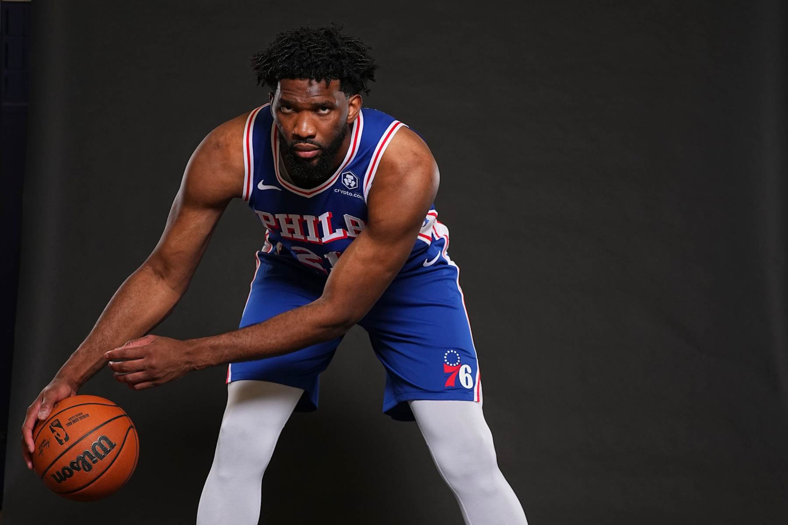 CAMDEN, NEW JERSEY - SEPTEMBER 30: Joel Embiid #21 of the Philadelphia 76ers poses for a picture at media day at 76ers Training Complex on September 30, 2024 in Camden, New Jersey. NOTE TO USER: User expressly acknowledges and agrees that, by downloading and or using this photograph, User is consenting to the terms and conditions of the Getty Images License Agreement. (Photo by Mitchell Leff/Getty Images)