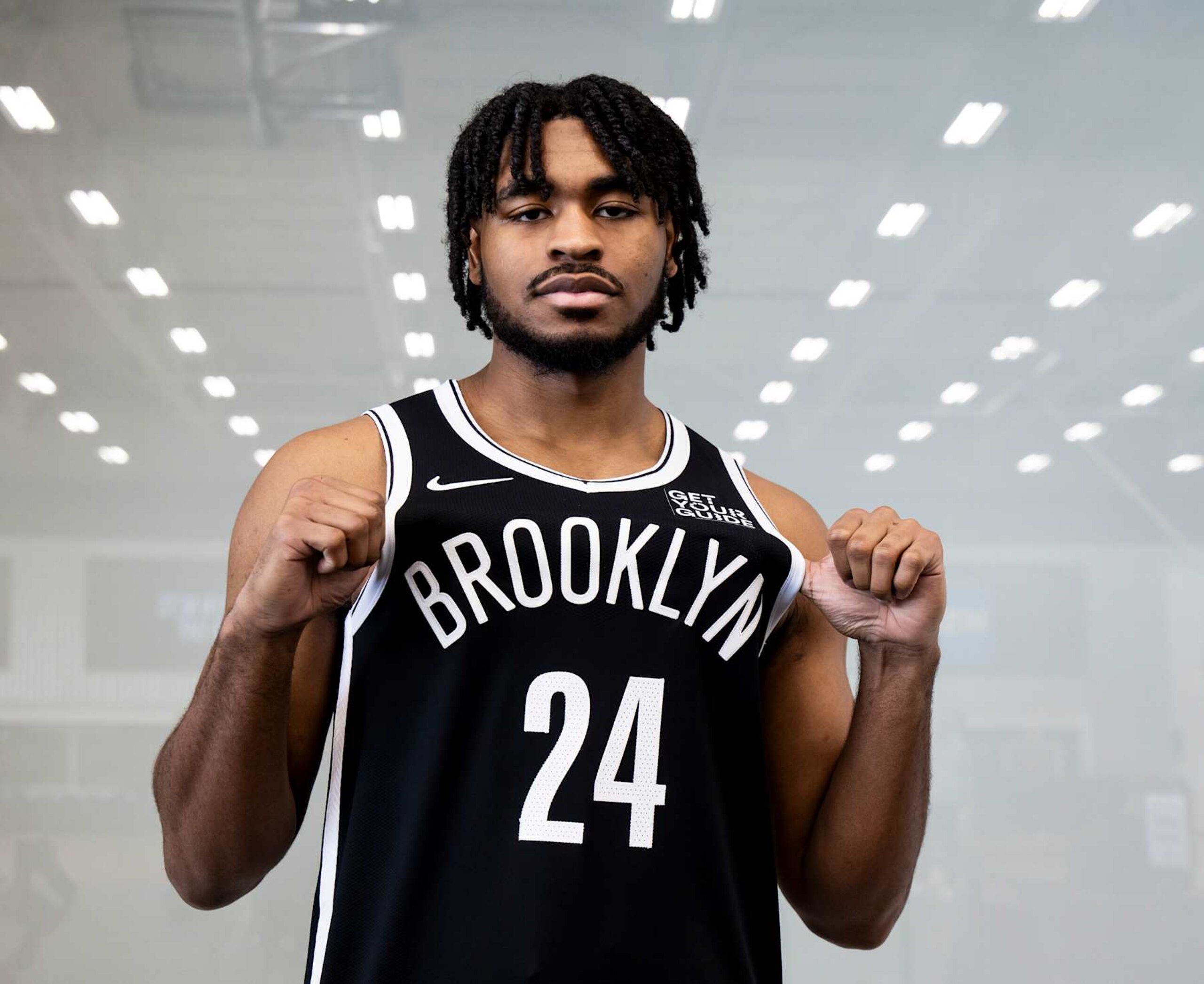 NEW YORK, NEW YORK - SEPTEMBER 30: Cam Thomas #24 of the Brooklyn Nets poses for photos during NBA Media Day at Brooklyn Nets HSS Training Center on September 30, 2024 in the Brooklyn borough of New York City. NOTE TO USER: User expressly acknowledges and agrees that, by downloading and/or using this Photograph, user is consenting to the terms and conditions of the Getty Images License Agreement. (Photo by Michelle Farsi/Getty Images)