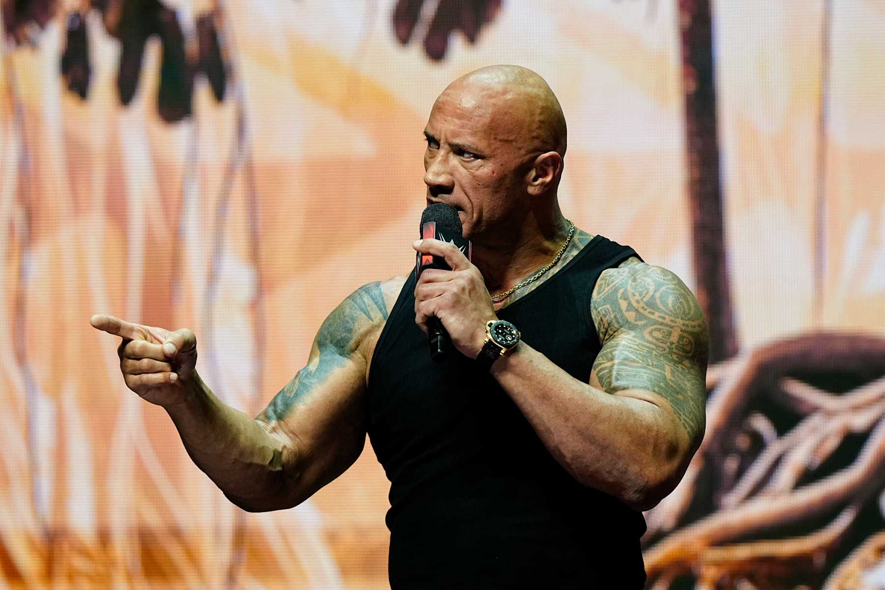 LAS VEGAS, NV - FEBRUARY 08:  Dwayne "The Rock" Johnson, Ten-Time WWE World Champion during the WWE Wrestlemania XL Kickoff on February 08, 2024, at T-Mobile Arena in Las Vegas, NV. (Photo by Louis Grasse/PXimages/Icon Sportswire via Getty Images)