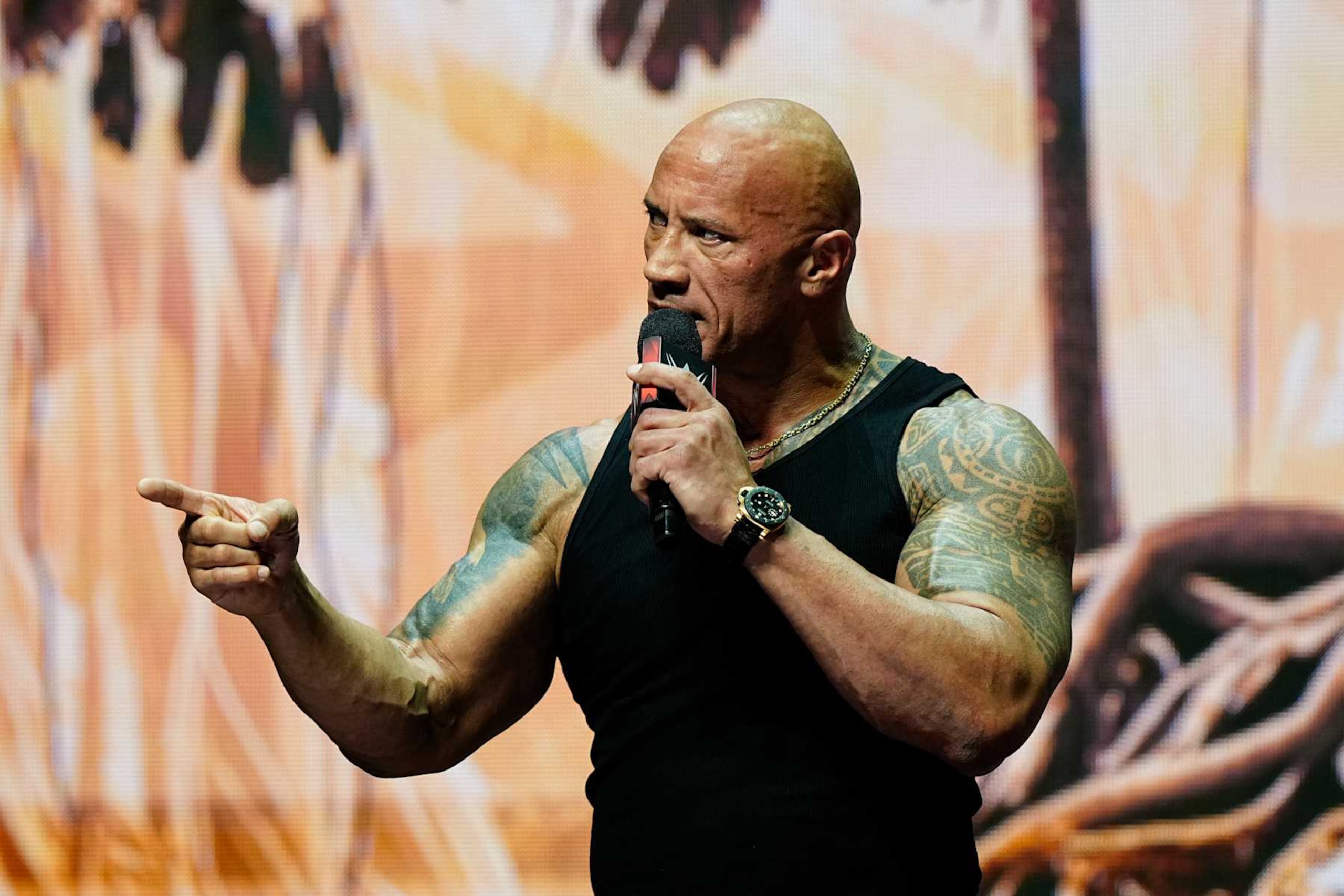 LAS VEGAS, NV - FEBRUARY 08:  Dwayne "The Rock" Johnson, Ten-Time WWE World Champion during the WWE Wrestlemania XL Kickoff on February 08, 2024, at T-Mobile Arena in Las Vegas, NV. (Photo by Louis Grasse/PXimages/Icon Sportswire via Getty Images)