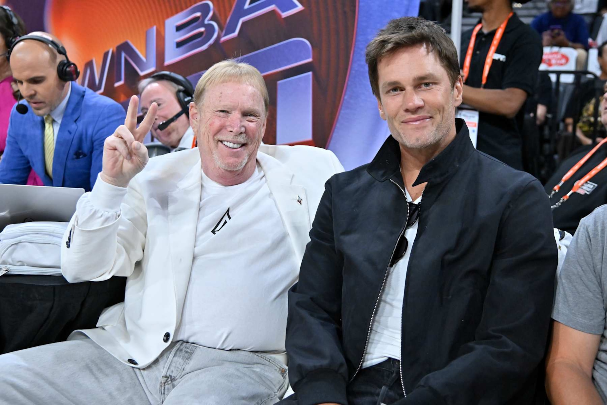 LAS VEGAS, NV - OCTOBER 8: Mark Davis and Tom Brady attend Game 1 of the 2023 WNBA Finals on October 8, 2023 at the Michelob ULTRA Arena in Las Vegas, Nevada. NOTE TO USER: User expressly acknowledges and agrees that, by downloading and or using this photograph, User is consenting to the terms and conditions of the Getty Images License Agreement. Mandatory Copyright Notice: Copyright 2023 NBAE (Photo by David Becker/NBAE via Getty Images)