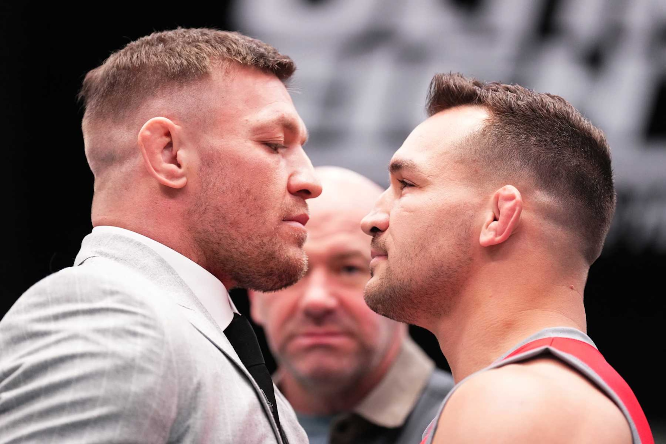 LAS VEGAS, NEVADA - MARCH 13:   (L-R) Conor McGregor and Michael Chandler face off during the filming of The Ultimate Fighter at UFC APEX on March 13, 2023 in Las Vegas, Nevada. (Photo by Chris Unger/Zuffa LLC via Getty Images)