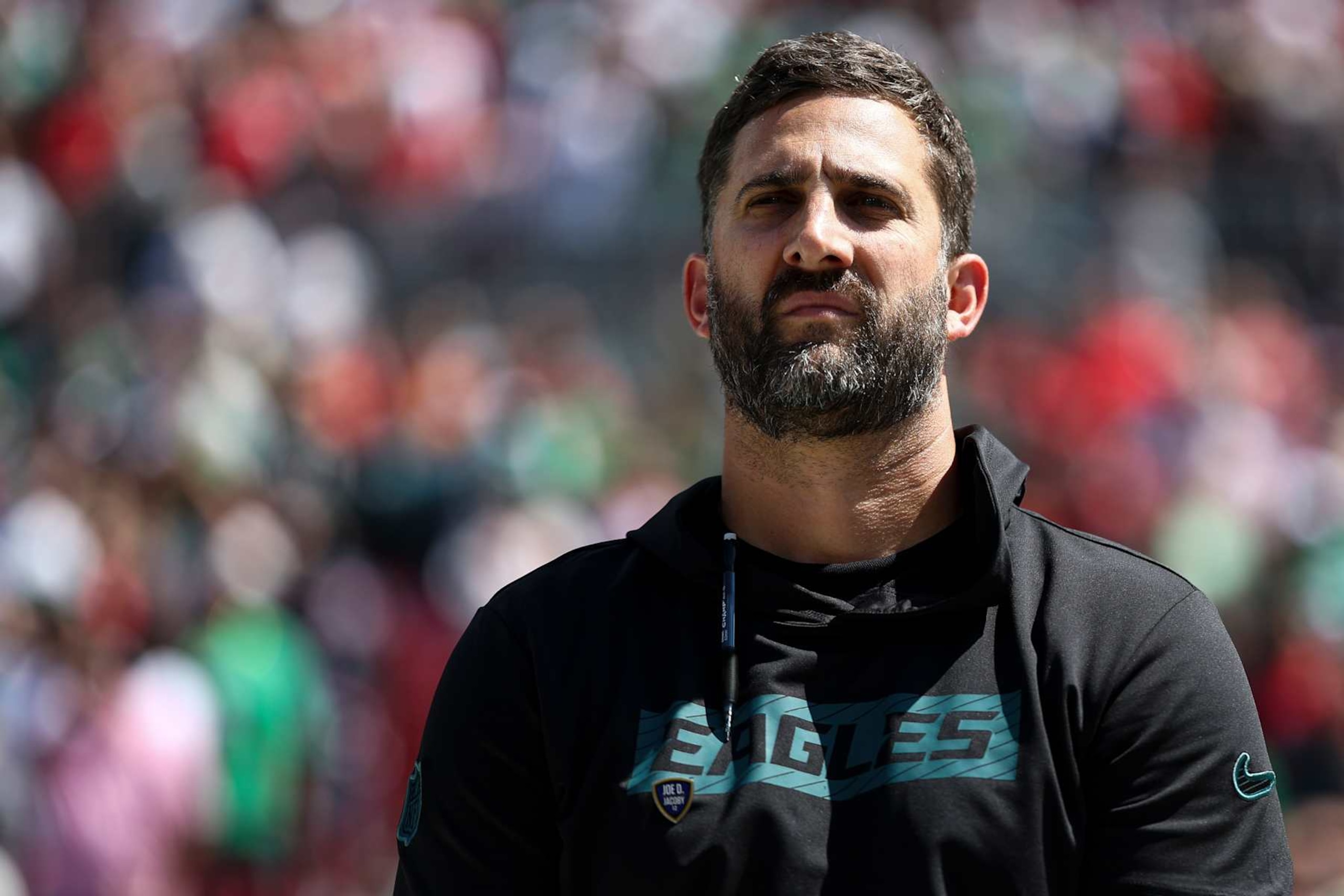 TAMPA, FL - SEPTEMBER 29: Head coach Nick Sirianni of the Philadelphia Eagles stands on the sidelines during the national anthem prior to an NFL football game against the Tampa Bay Buccaneers at Raymond James Stadium on September 29, 2024 in Tampa, Florida. (Photo by Kevin Sabitus/Getty Images)