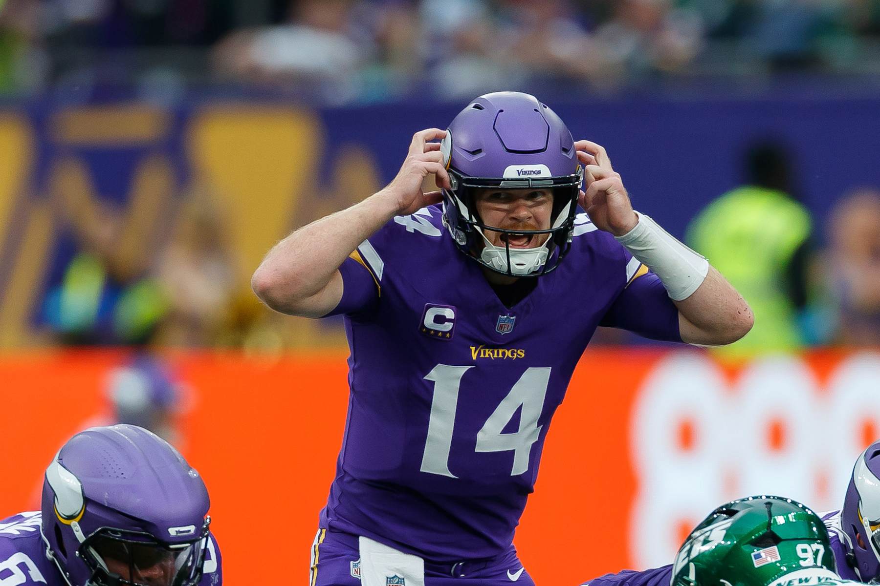 London, United Kingdom - October 6: Sam Darnold of Minnesota Vikings looks on during the NFL match between New York Jets and Minnesota Vikings at Tottenham Hotspur Stadium on October 6, 2024 in London, England. (Photo by Mario Hommes/DeFodi Images via Getty Images)