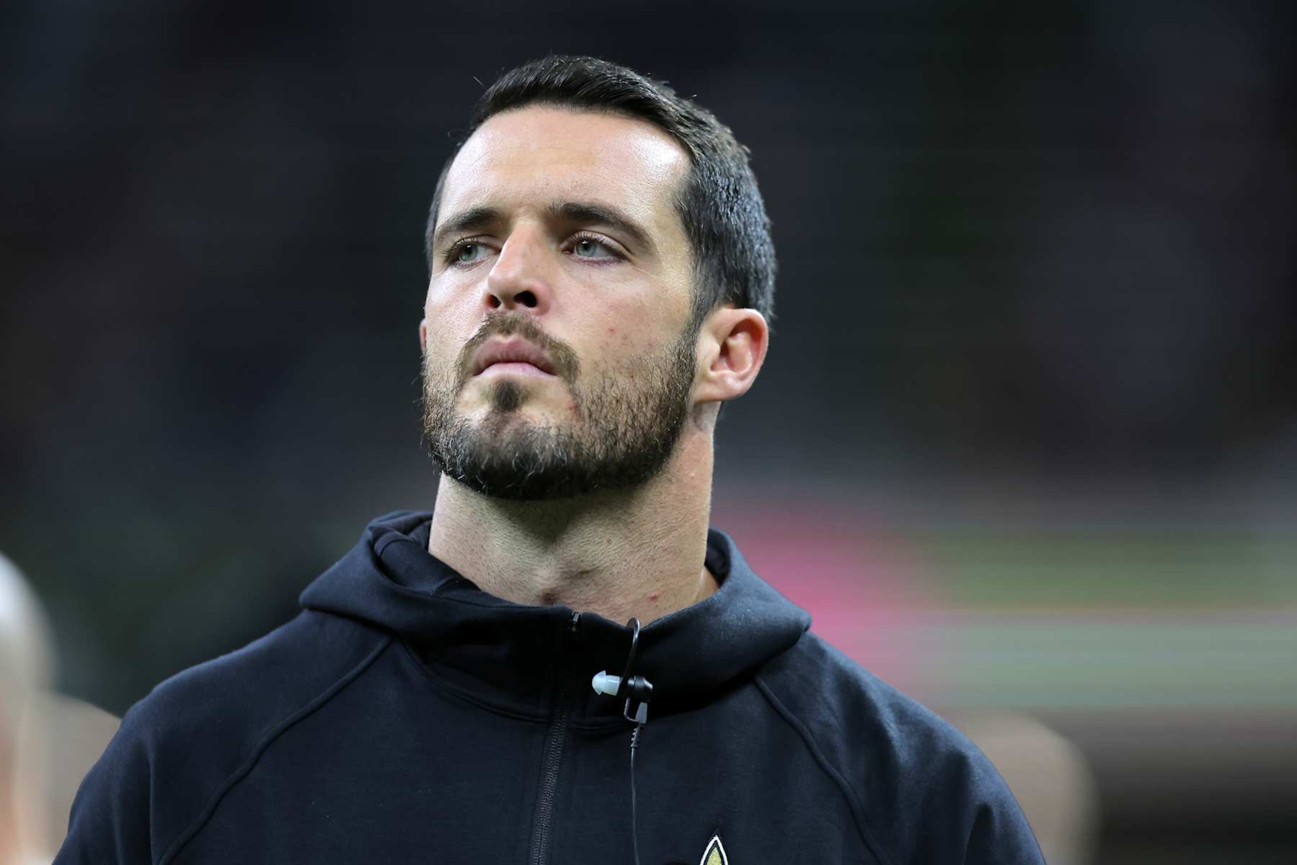 NEW ORLEANS, LOUISIANA - OCTOBER 13: Derek Carr #4 of the New Orleans Saints reacts against the Tampa Bay Buccaneers during a game at Caesars Superdome on October 13, 2024 in New Orleans, Louisiana. (Photo by Jonathan Bachman/Getty Images)