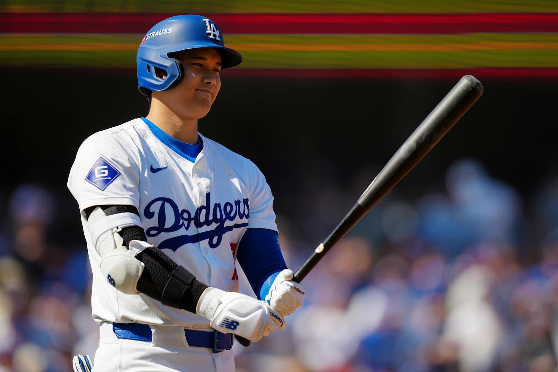 LOS ANGELES, CA - OCTOBER 14:   Shohei Ohtani #17 of the Los Angeles Dodgers prepares to bat in the first inning during Game 2 of the NLCS presented by loanDepot between the New York Mets and the Los Angeles Dodgers at Dodger Stadium on Monday, October 14, 2024 in Los Angeles, California. (Photo by Daniel Shirey/MLB Photos via Getty Images)