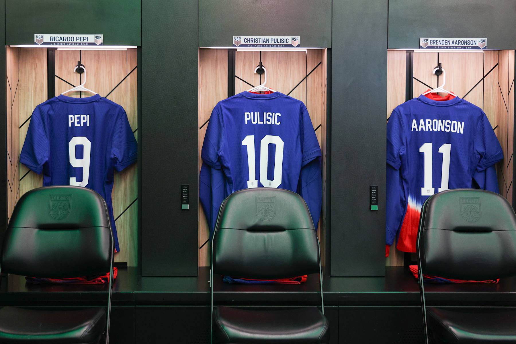 AUSTIN, TEXAS - OCTOBER 12: The lockers of Ricardo Pepi #9, Christian Pulisic #10, and Brenden Aaronson #11 of the United States prior to playing Panama at Q2 Stadium on October 12, 2024 in Austin, Texas. (Photo by John Dorton/ISI Photos/USSF/Getty Images)