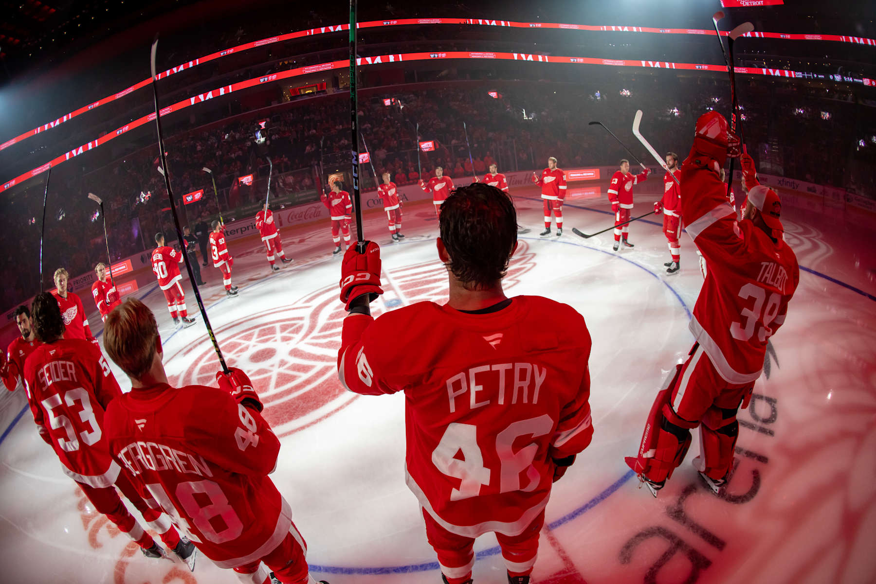 DETROIT, MICHIGAN - OCTOBER 10: Jeff Petry #46 of the Detroit Red Wings and his teammates salute the fans during opening night ceremonies before the game against the Pittsburgh Penguins at Little Caesars Arena on October 10, 2024 in Detroit, Michigan. (Photo by Dave Reginek/NHLI via Getty Images)