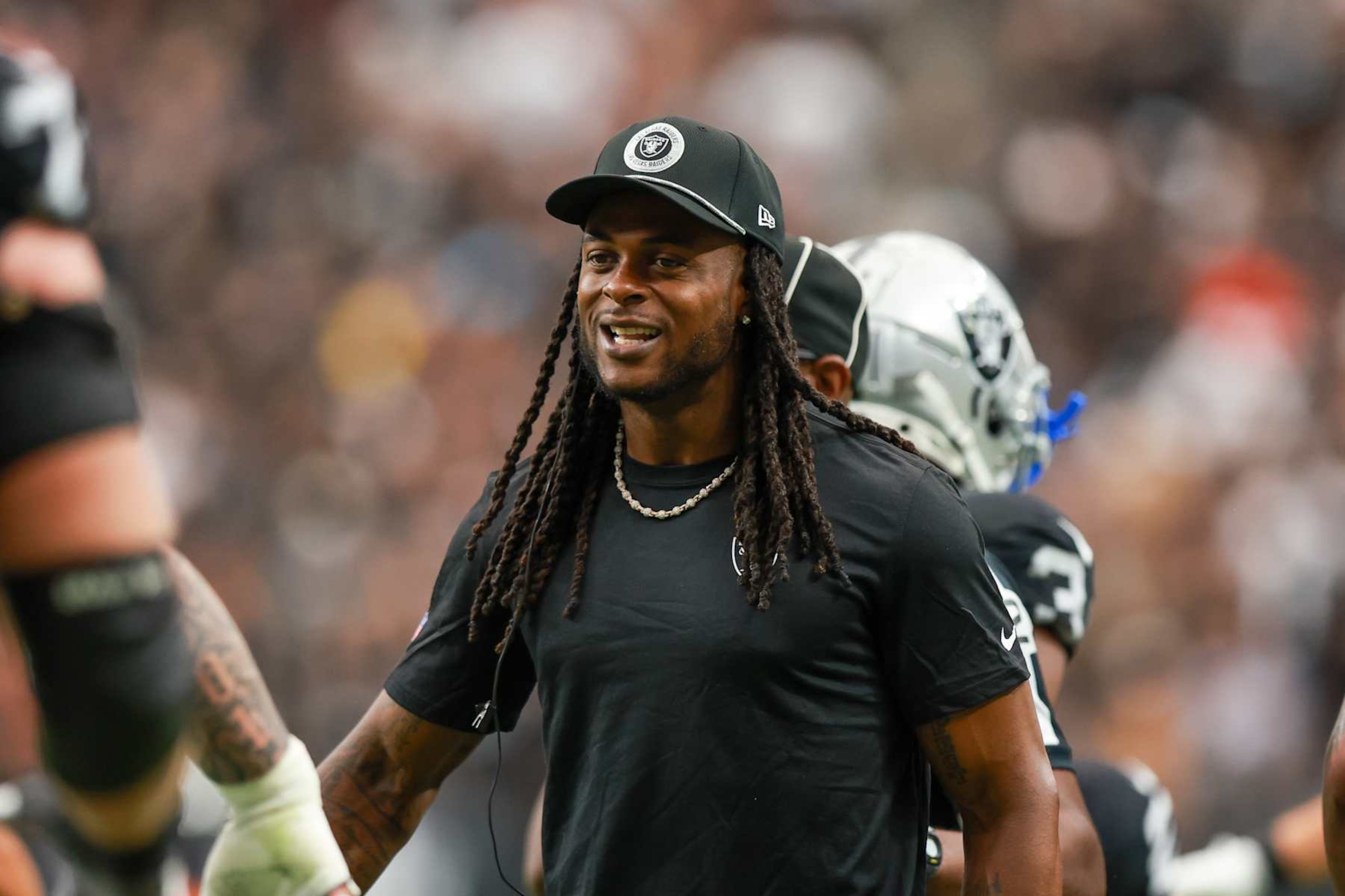 LAS VEGAS, NV - SEPTEMBER 29: Las Vegas Raiders wide receiver Davante Adams (17) celebrates with teammates after a score during a NFL game between the Cleveland Browns vs Las Vegas Raiders game on September 29, 2024, at Allegiant Stadium in Las Vegas, NV. (Photo by Jordon Kelly/Icon Sportswire via Getty Images)