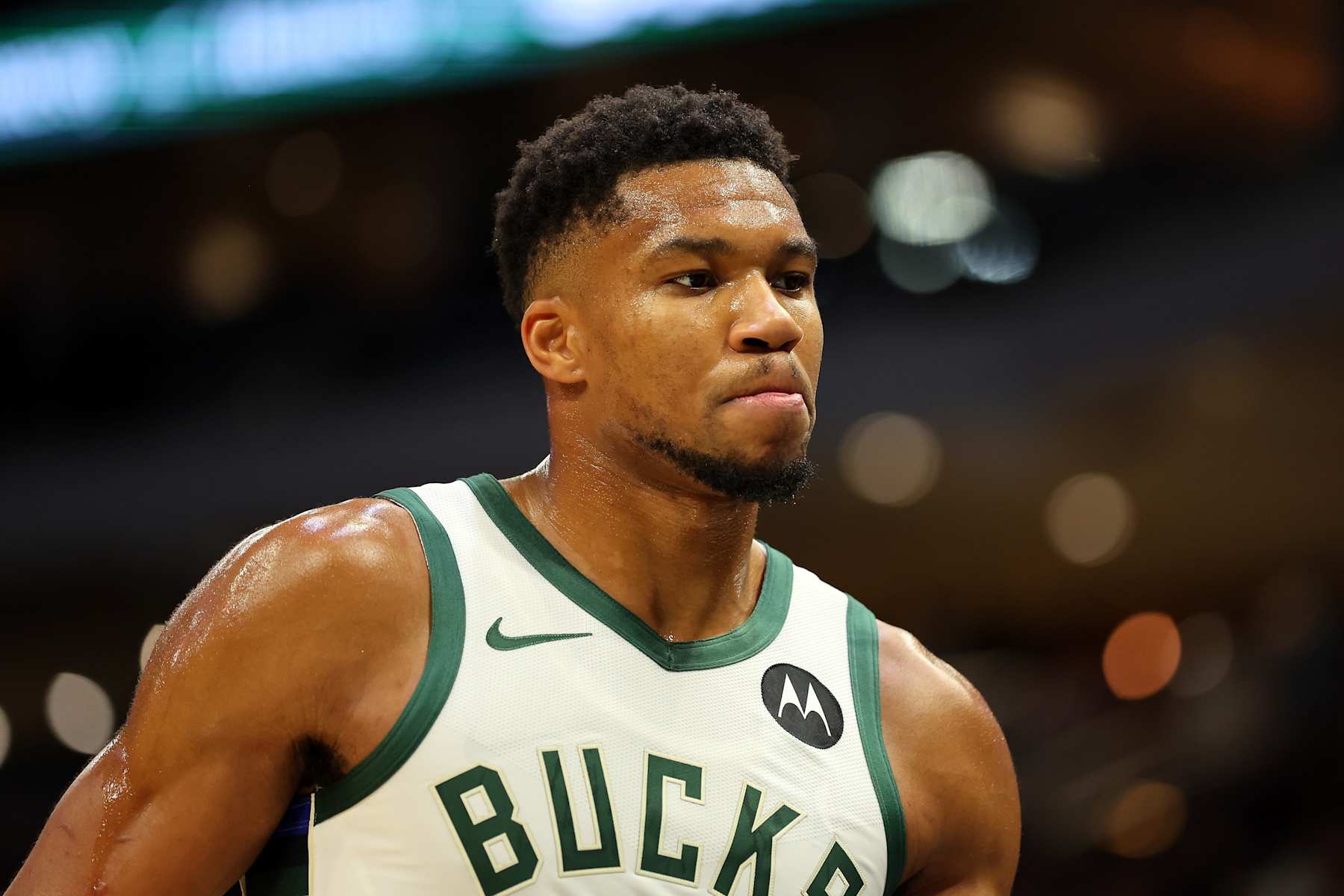 MILWAUKEE, WISCONSIN - OCTOBER 10: Giannis Antetokounmpo #34 of the Milwaukee Bucks walks backcourt during a preseason game against the Los Angeles Lakers at Fiserv Forum on October 10, 2024 in Milwaukee, Wisconsin.  NOTE TO USER: User expressly acknowledges and agrees that, by downloading and or using this photograph, User is consenting to the terms and conditions of the Getty Images License Agreement. (Photo by Stacy Revere/Getty Images)