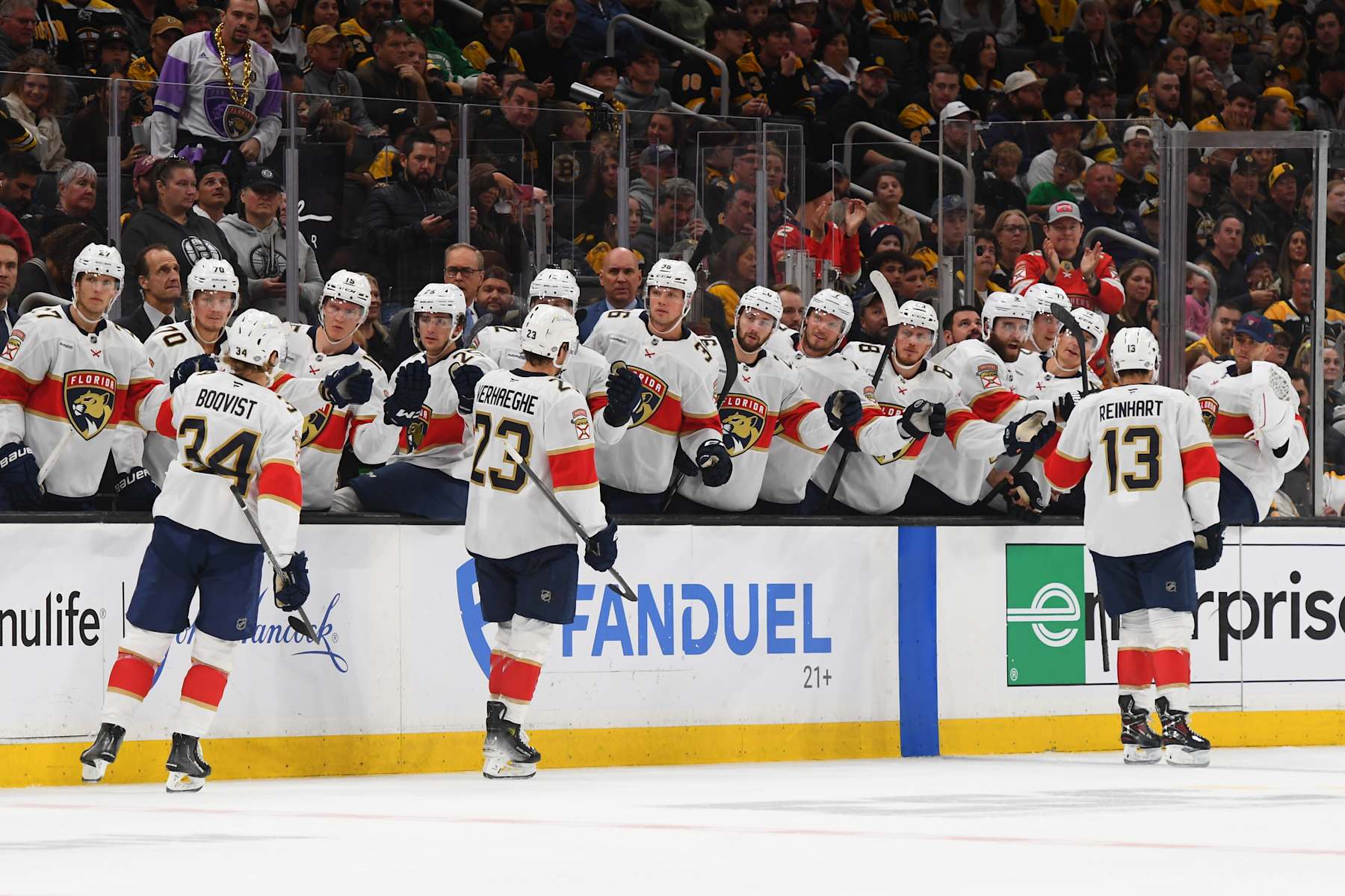 BOSTON, MASSACHUSETTS - OCTOBER 14: The Florida Panthers celebrate the first-period goal against the Boston Bruins on October 14, 2024, at the TD Garden in Boston, Massachusetts. (Photo by Steve Babineau/NHLI via Getty Images)