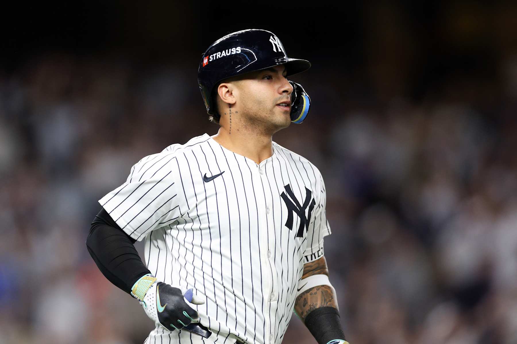 NEW YORK, NEW YORK - OCTOBER 05:  Gleyber Torres #25 of the New York Yankees reacts after hitting a two run home run against the Kansas City Royals during the third inning in Game One of the Division Series at Yankee Stadium on October 05, 2024 in New York City.  (Photo by Elsa/Getty Images)